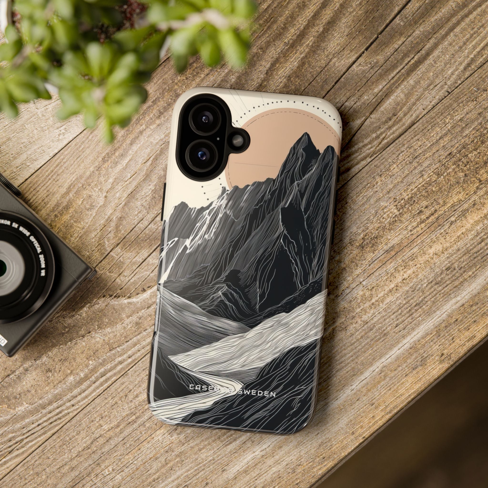 Minimalist Mountain Landscape with Flowing River iPhone 16 - Tough Phone Case