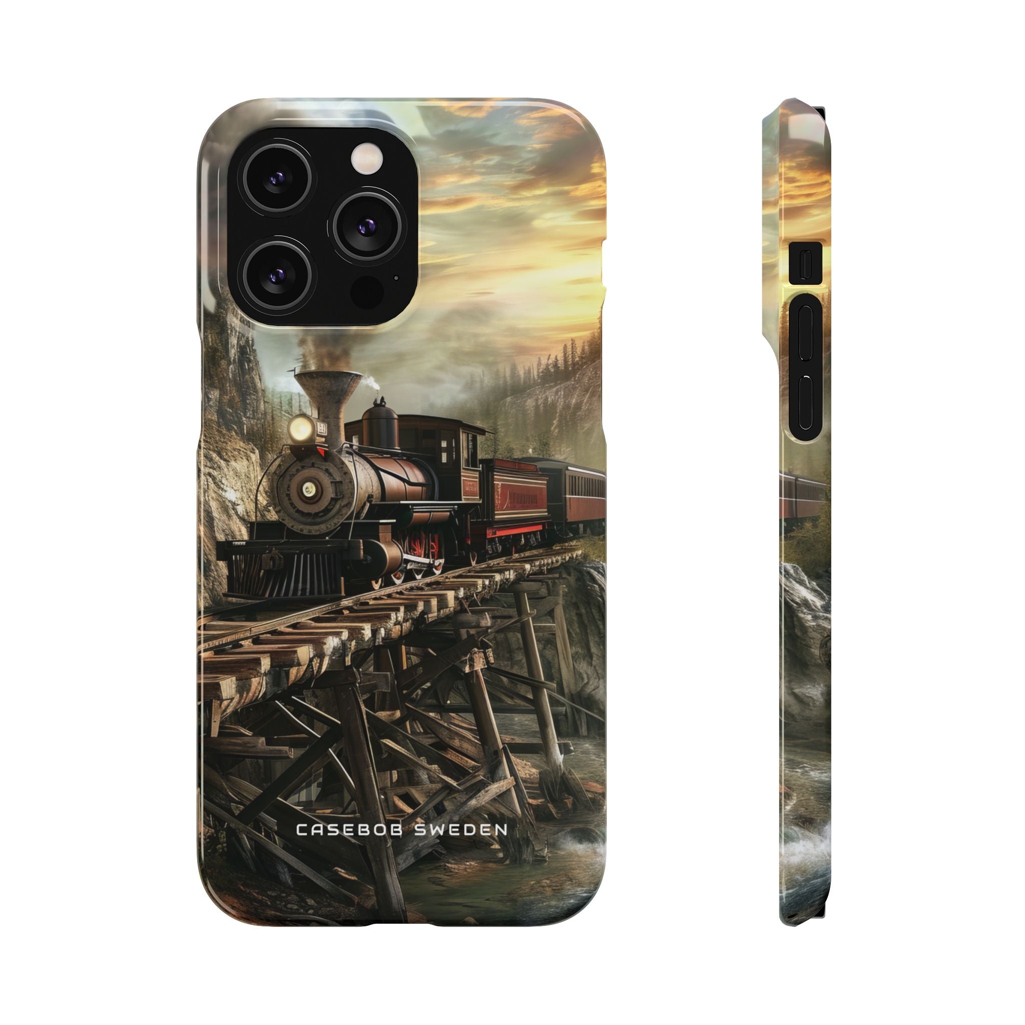 Vintage Steam Train Crossing Mountain Bridge iPhone 14 - Slim Phone Case