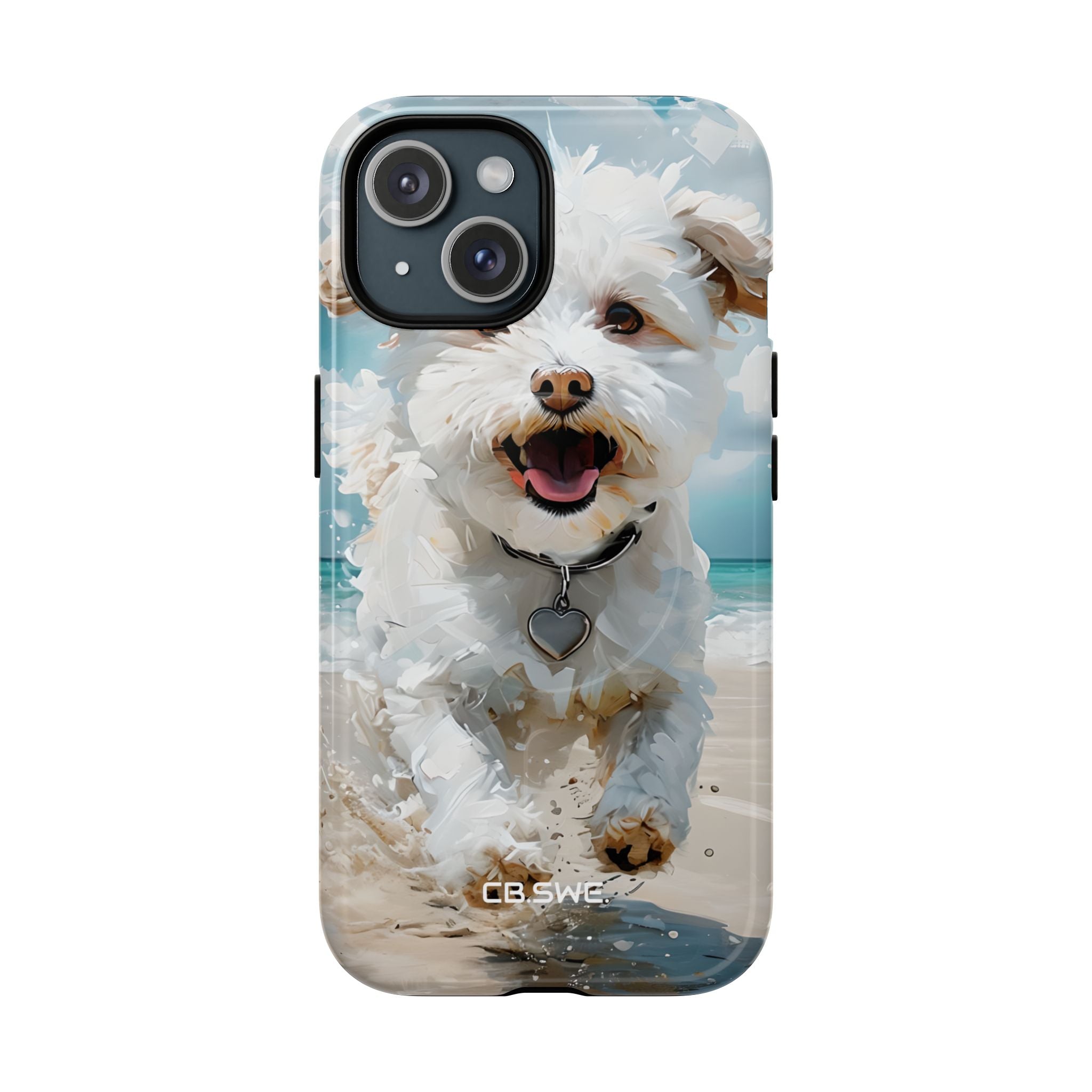 Joyful Fluffy Dog Running on Beach Impressionist Art iPhone 15 - Tough+