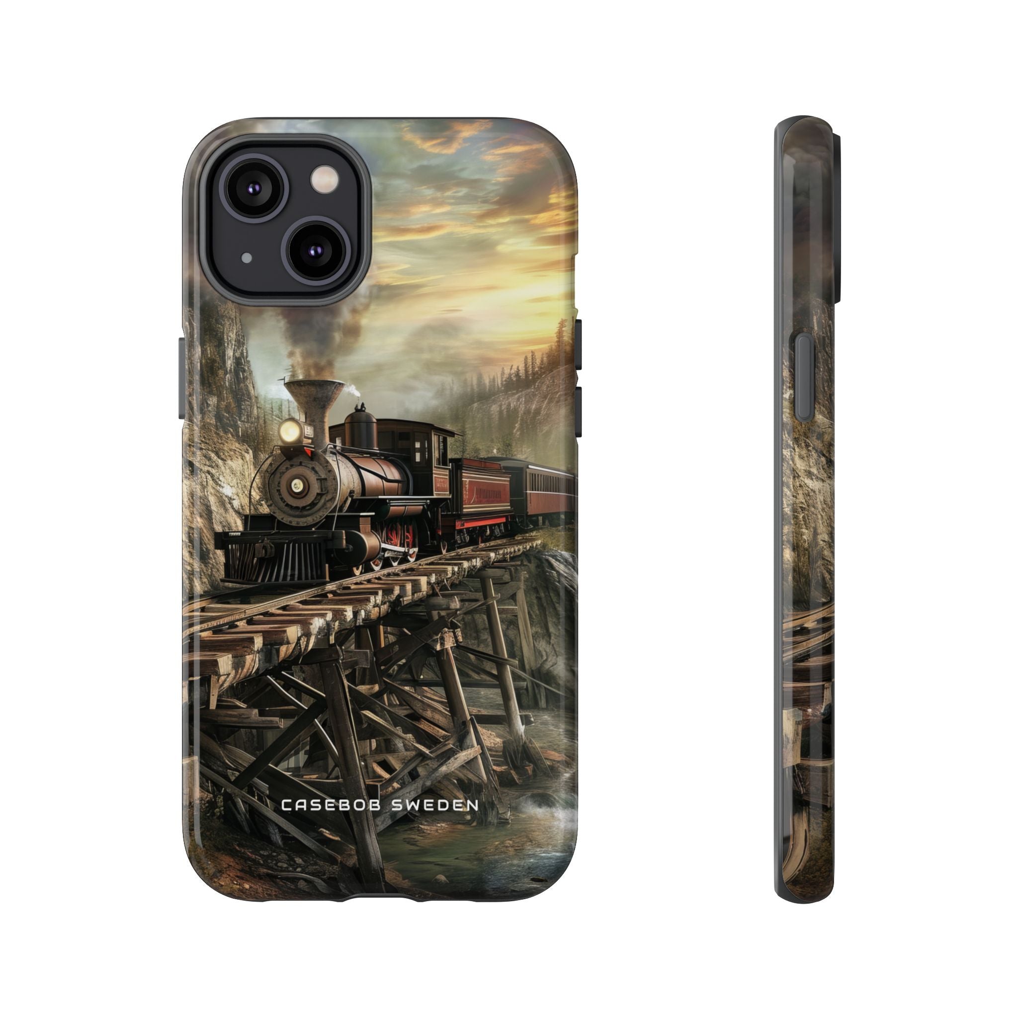 Vintage Steam Train Crossing Mountain Bridge iPhone 14 - Tough Phone Case