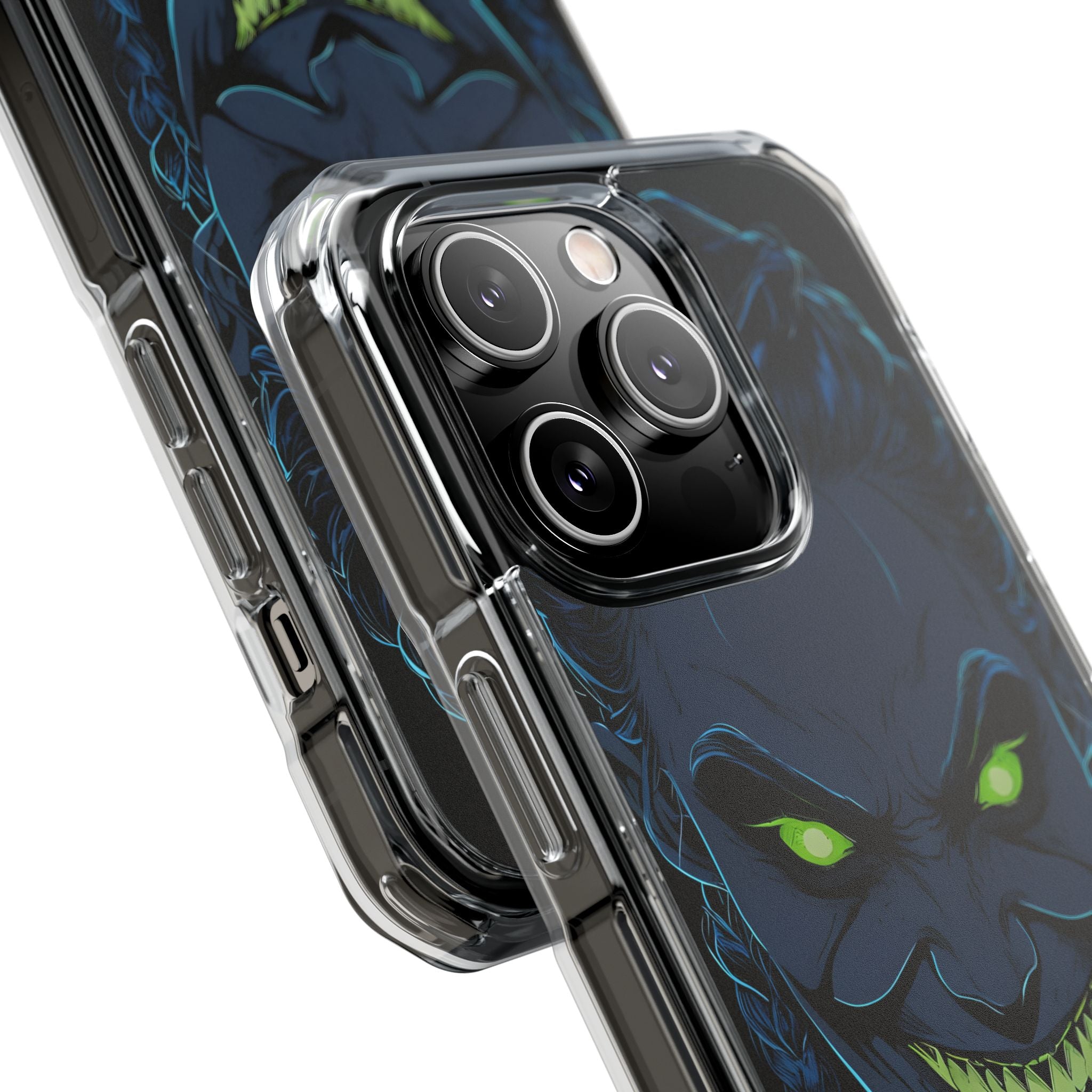 Unheimlicher, unheimlicher Charakter mit neongrünen Augen, iPhone 14 – Impact Clear+