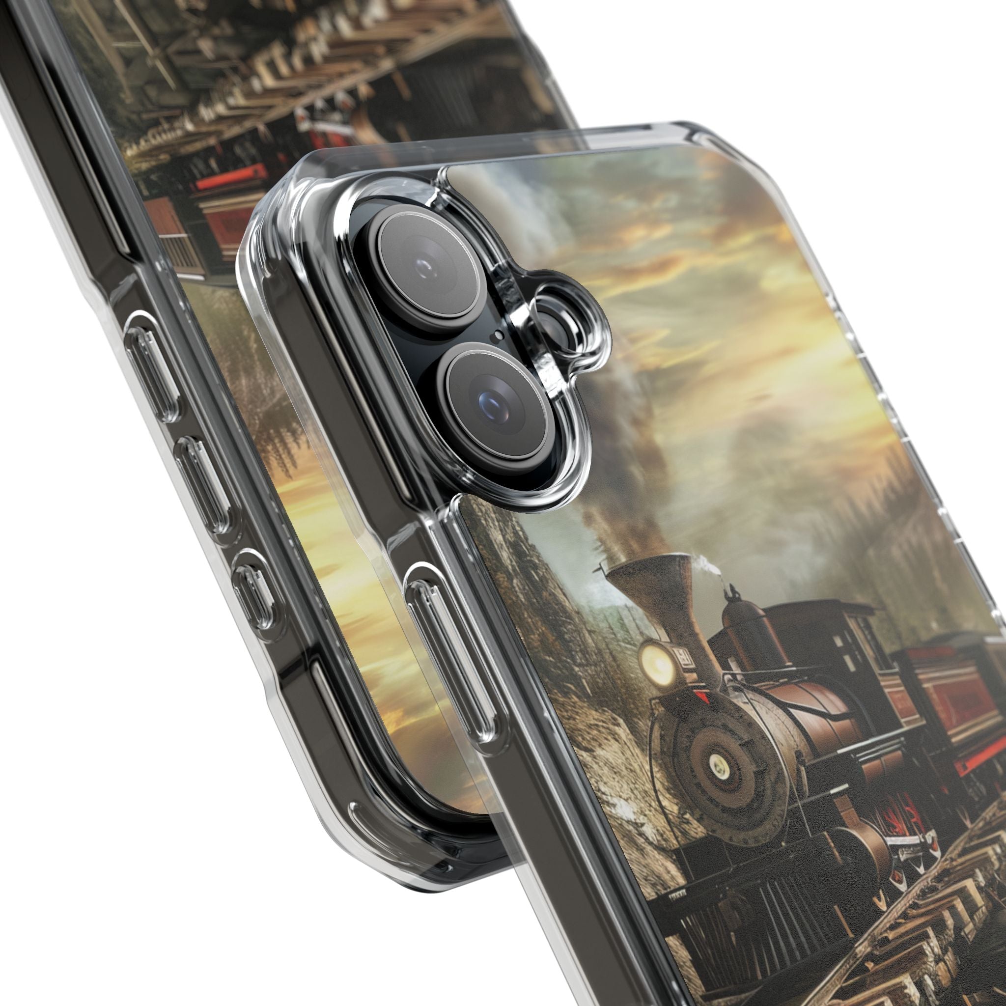 Vintage Steam Train Crossing Mountain Bridge iPhone 16 - Clear Impact Phone Case