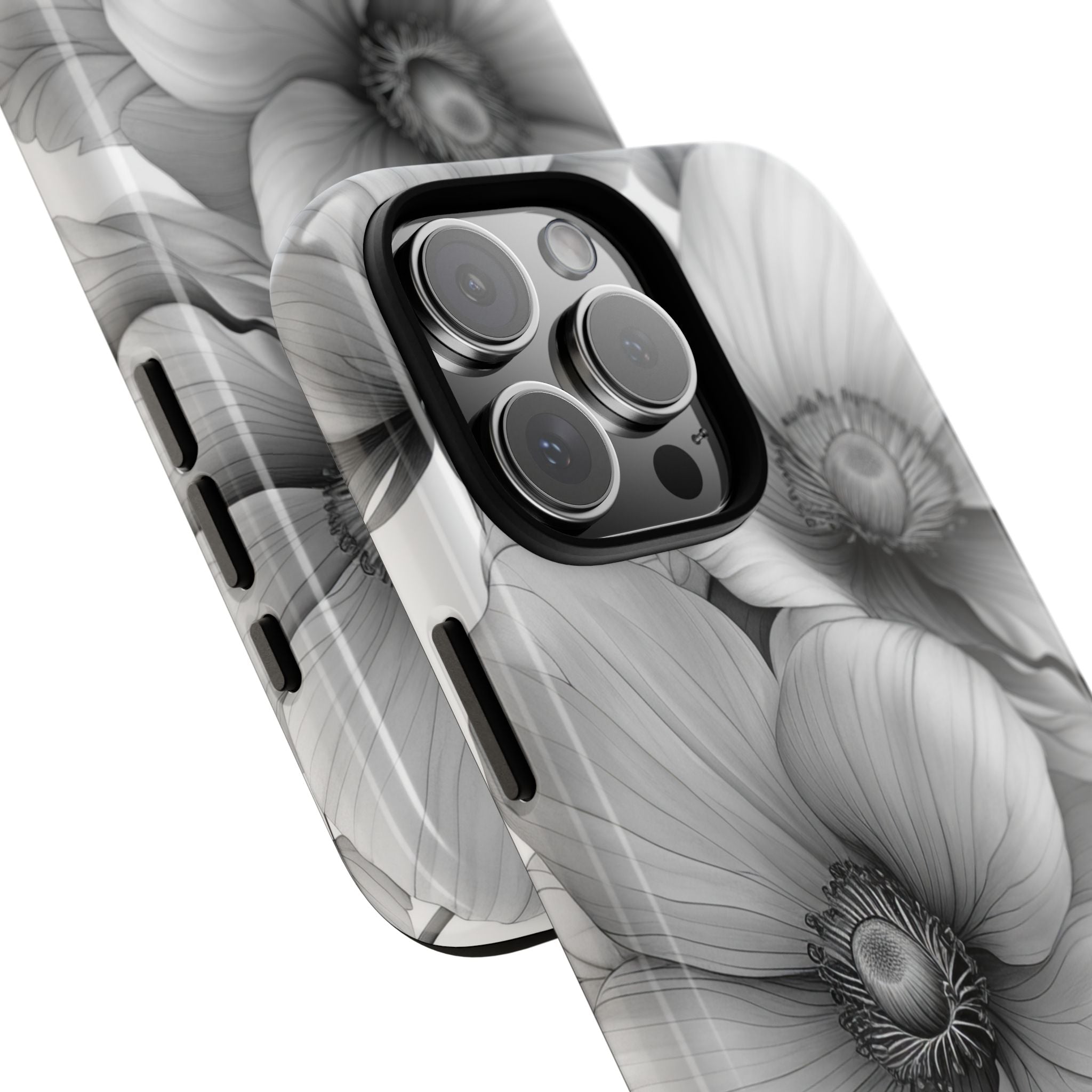 Grayscale Floral Harmony iPhone 16 - Tough