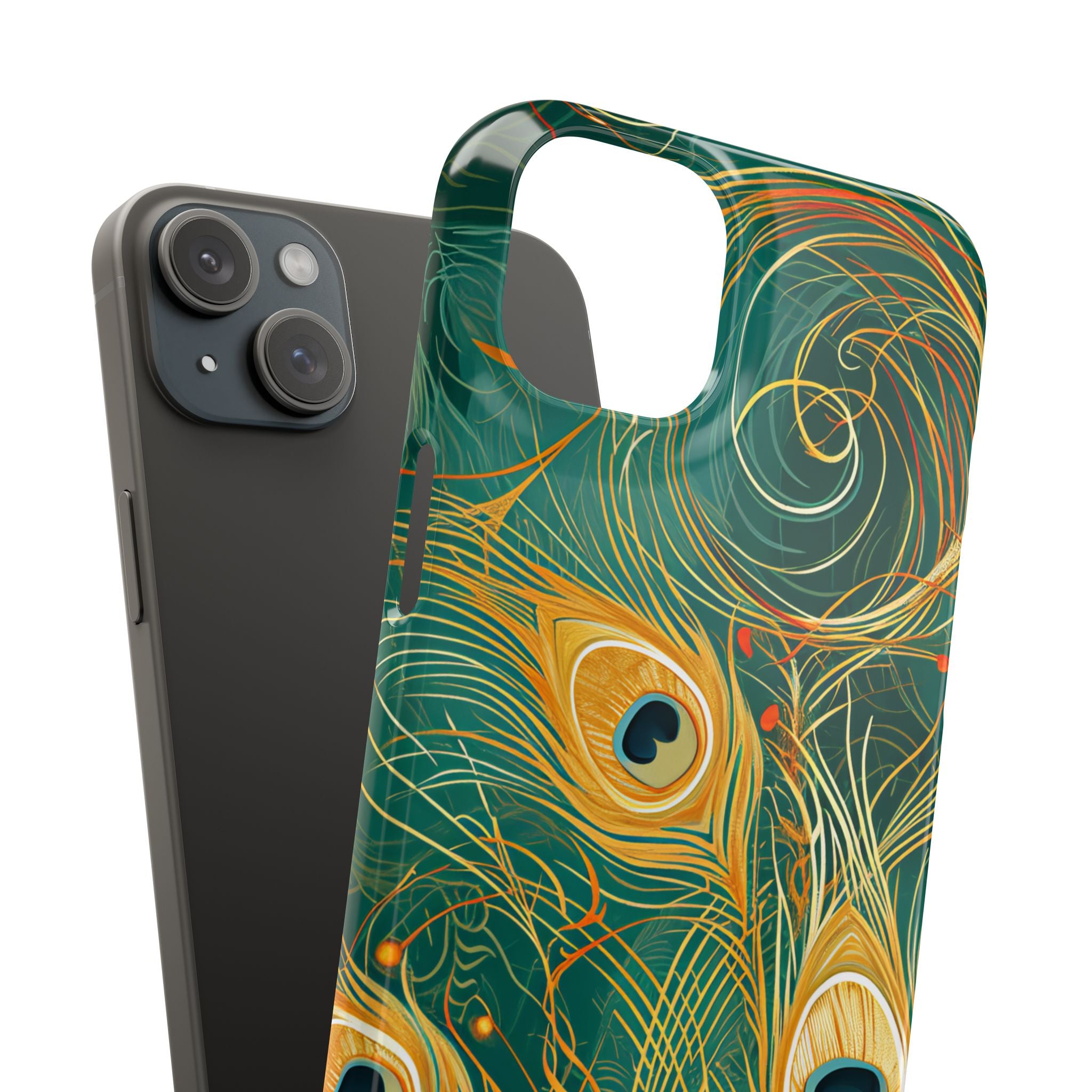 Peacock Elegance in Teal and Gold iPhone 15 - Slim Phone Case