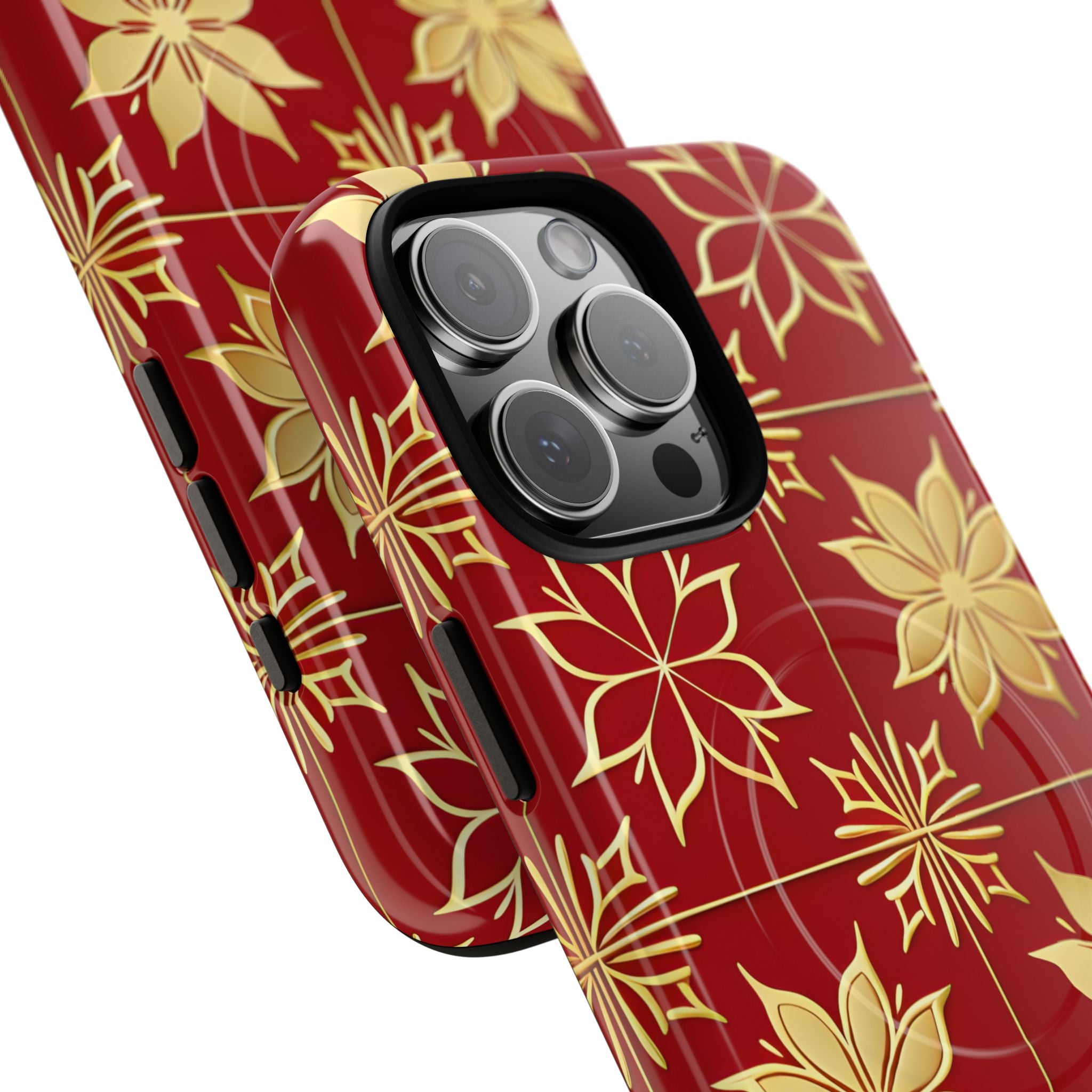 Elegant Gold Floral Seamless Rich Red iPhone 16 - Tough+
