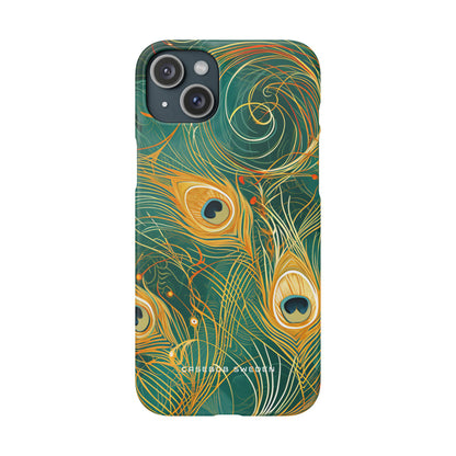 Peacock Elegance in Teal and Gold iPhone 15 - Slim Phone Case