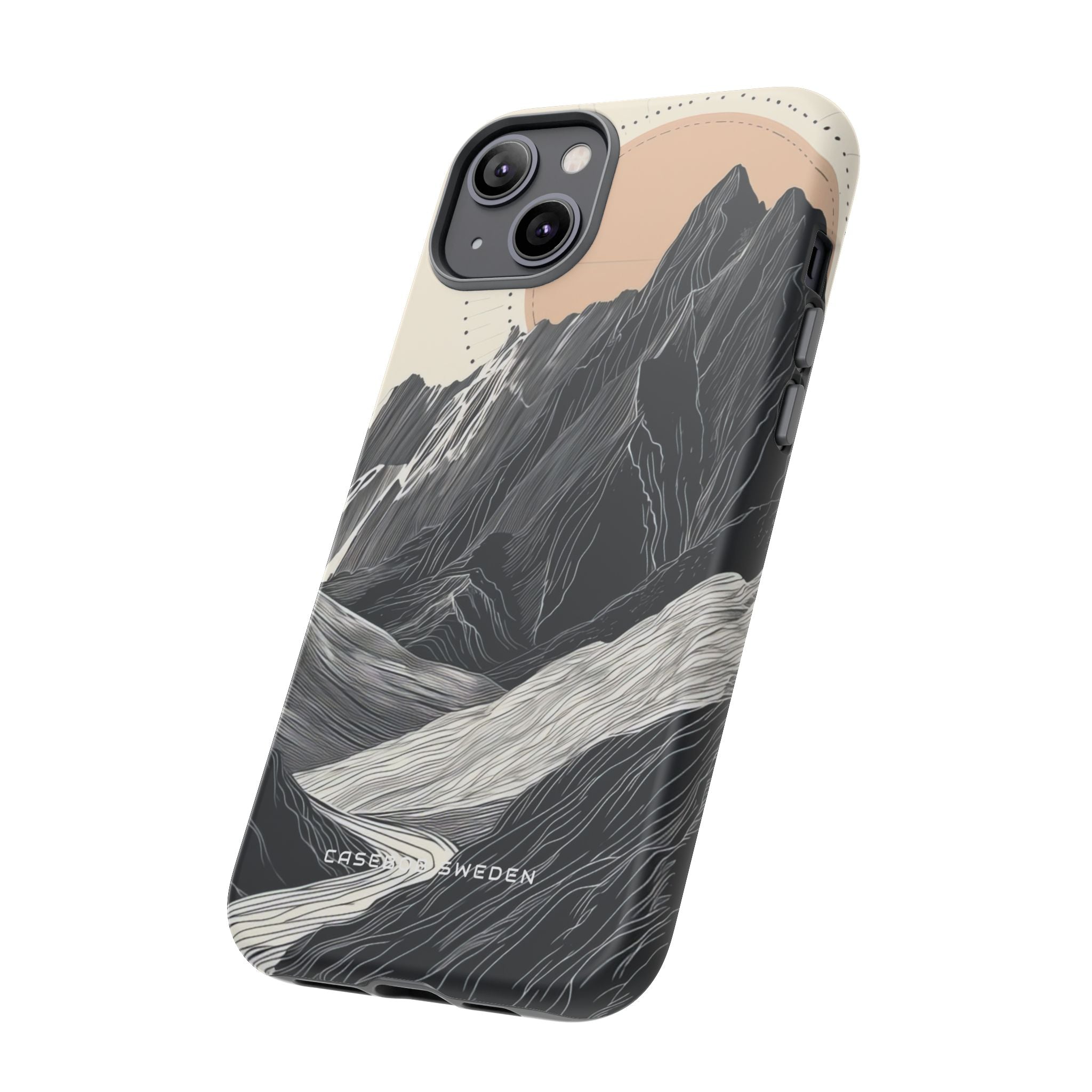 Minimalist Mountain Landscape with Flowing River iPhone 14 - Tough Phone Case