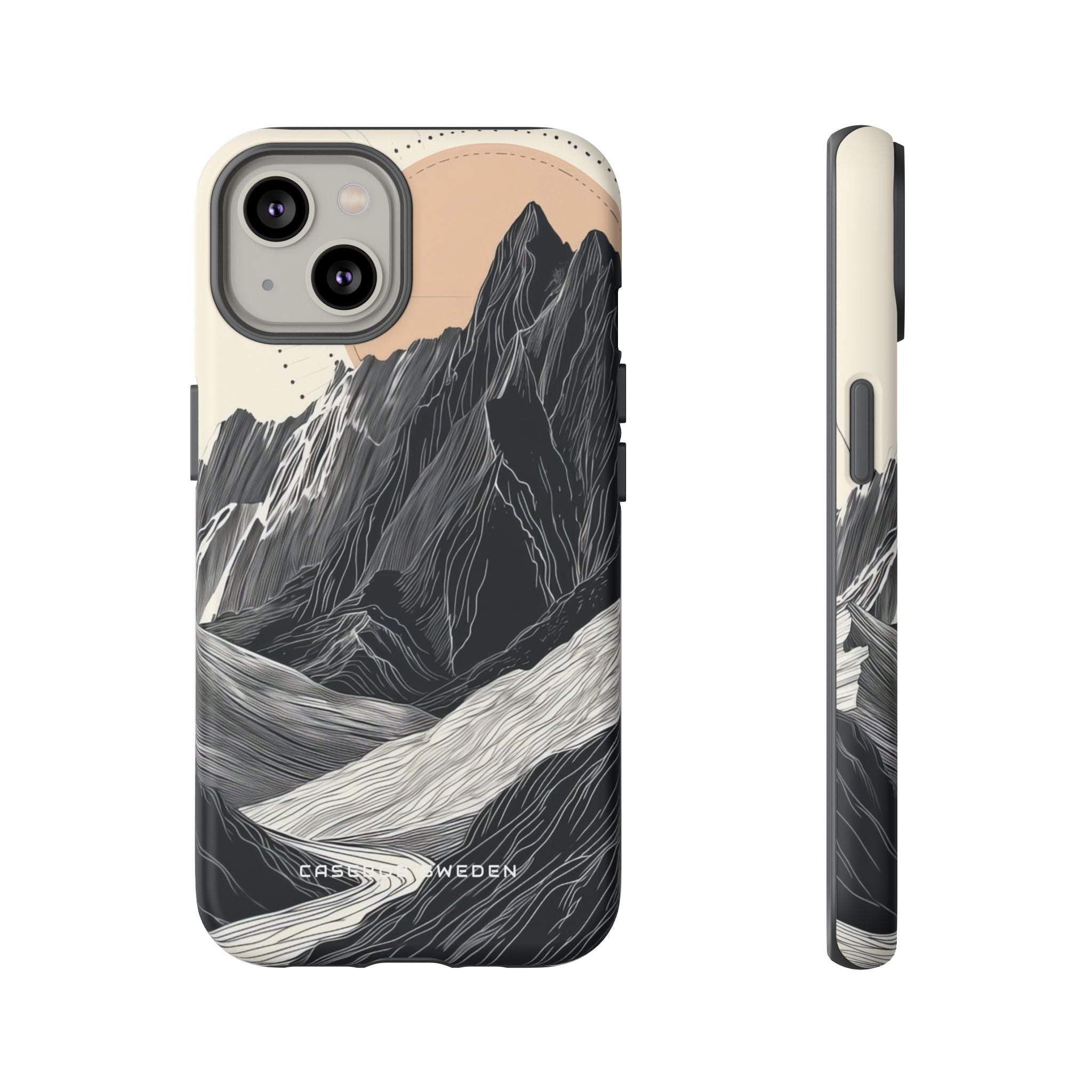 Minimalist Mountain Landscape with Flowing River iPhone 14 - Tough Phone Case