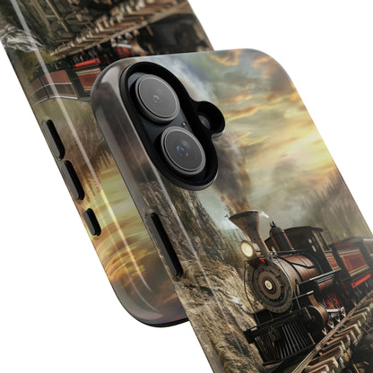 Vintage Steam Train Crossing Mountain Bridge iPhone 16 - Tough Phone Case