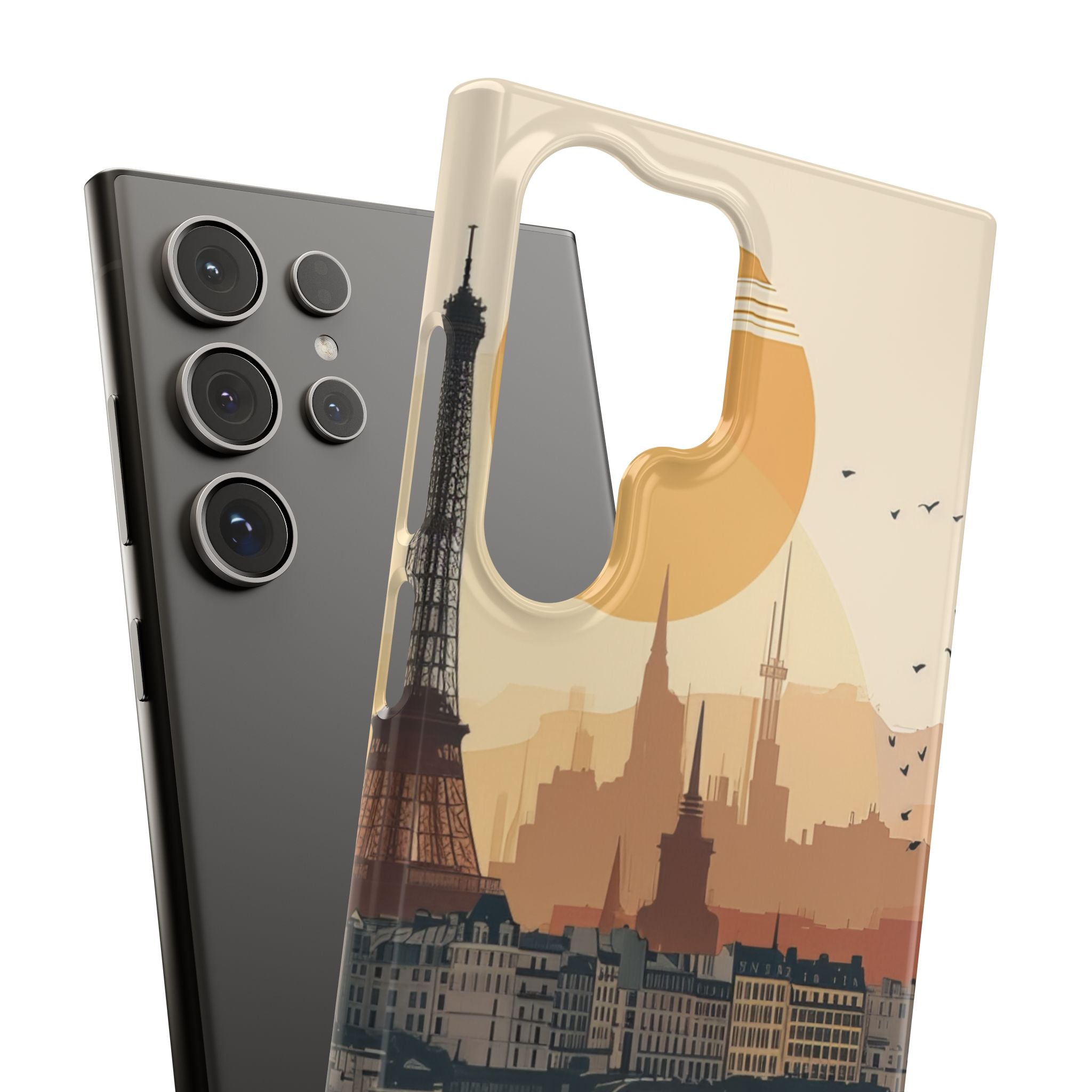 Eiffel Tower Silhouette with Birds and Sun Reflection Samsung S24 - Slim Phone Case