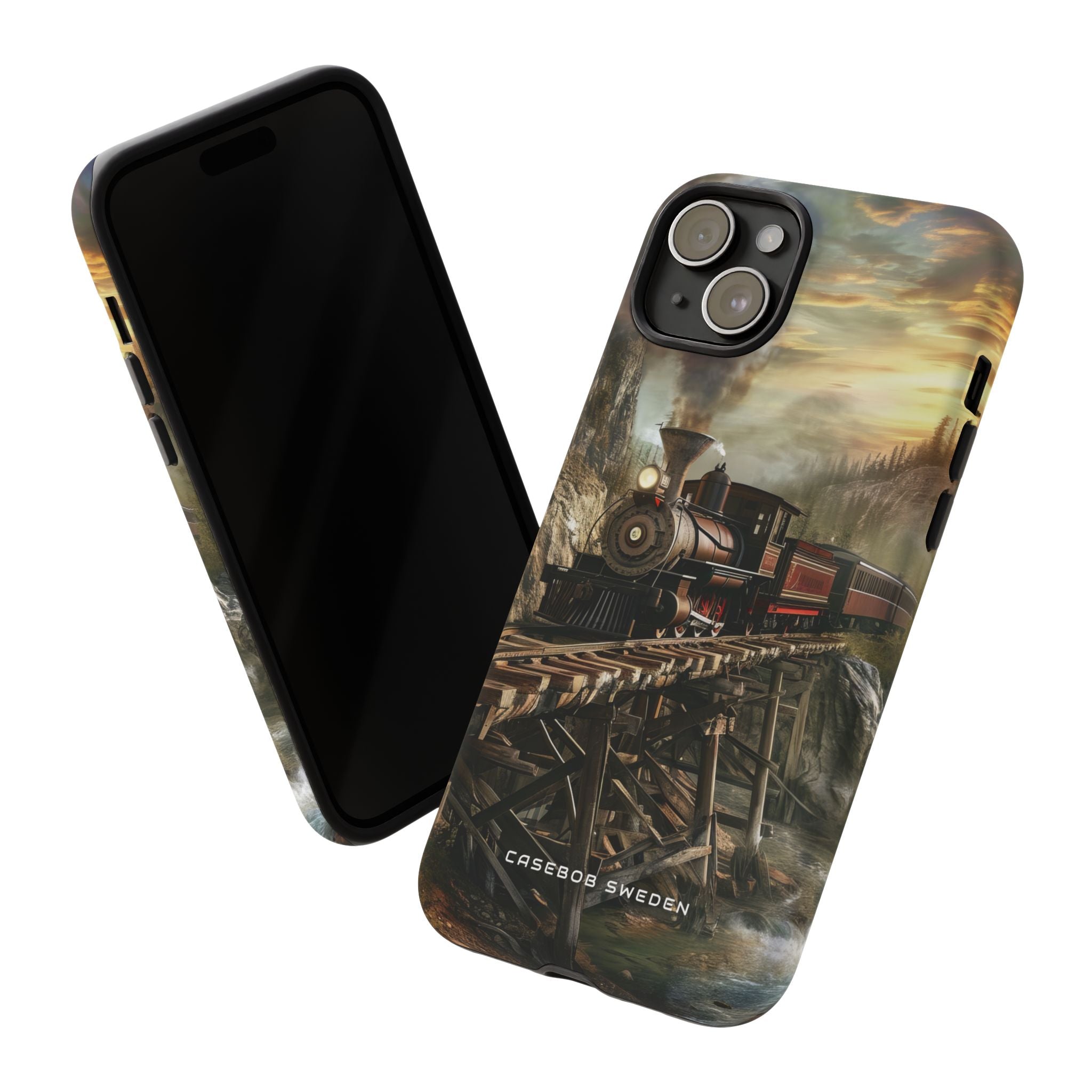 Vintage Steam Train Crossing Mountain Bridge iPhone 15 - Tough Phone Case