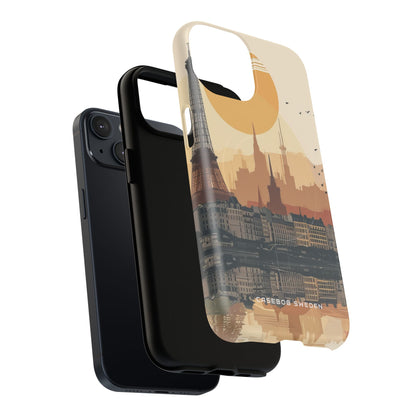 Eiffel Tower Silhouette with Birds and Sun Reflection iPhone 14 | Tough+ Phone Case