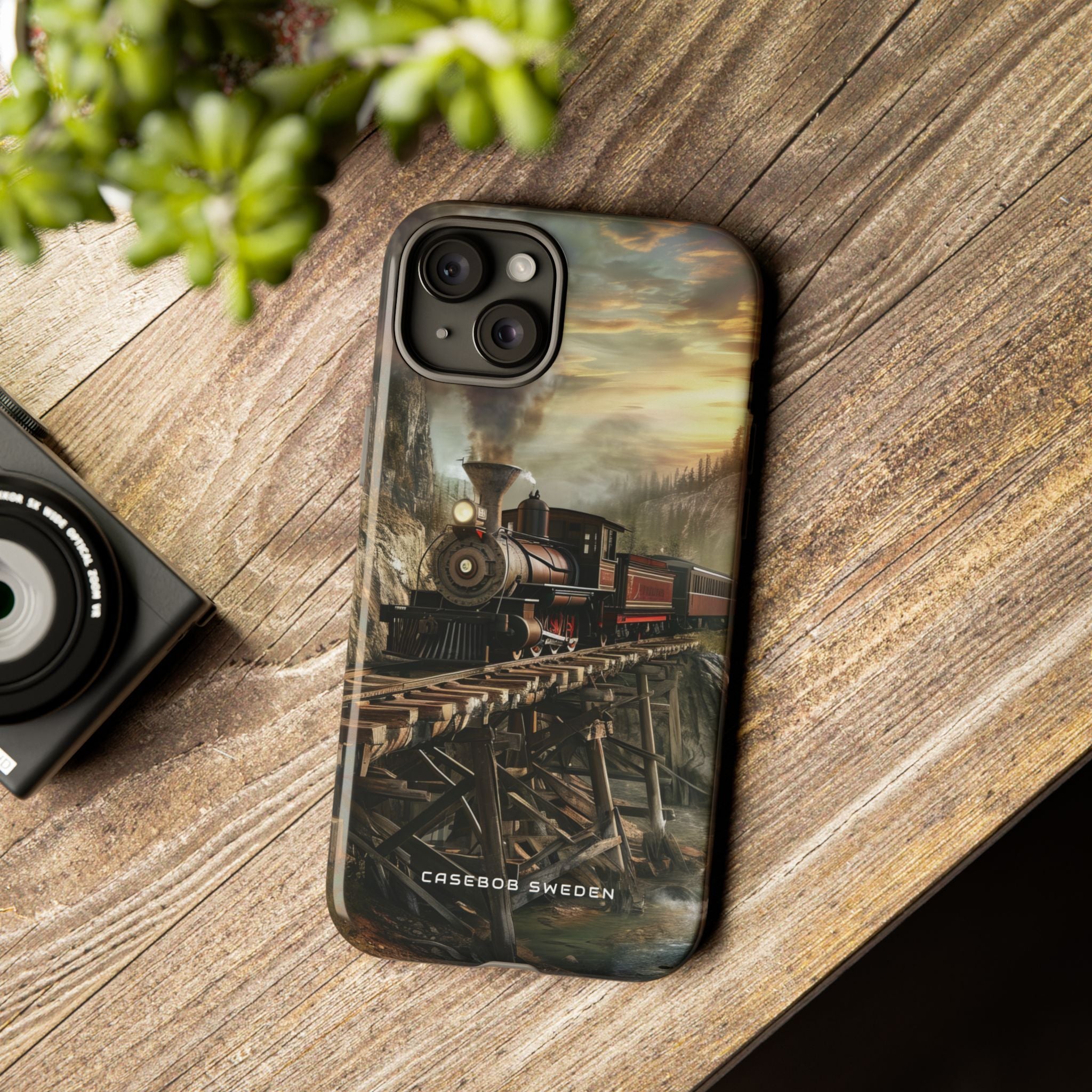 Vintage Steam Train Crossing Mountain Bridge iPhone 15 - Tough Phone Case