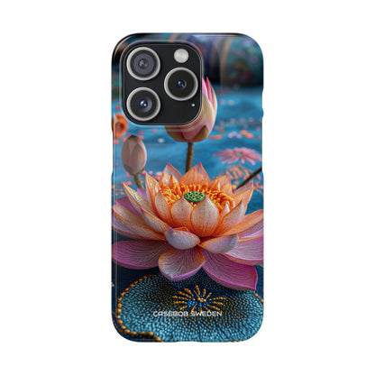 Vibrant Lotus Embroidery - Slim iPhone 15 Phone Case