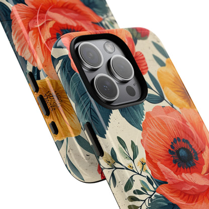 Vibrant Botanical Poppies - Tough + MagSafe® iPhone 15 Phone Case