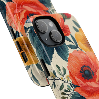 Vibrant Botanical Poppies - Tough + MagSafe® iPhone 15 Phone Case