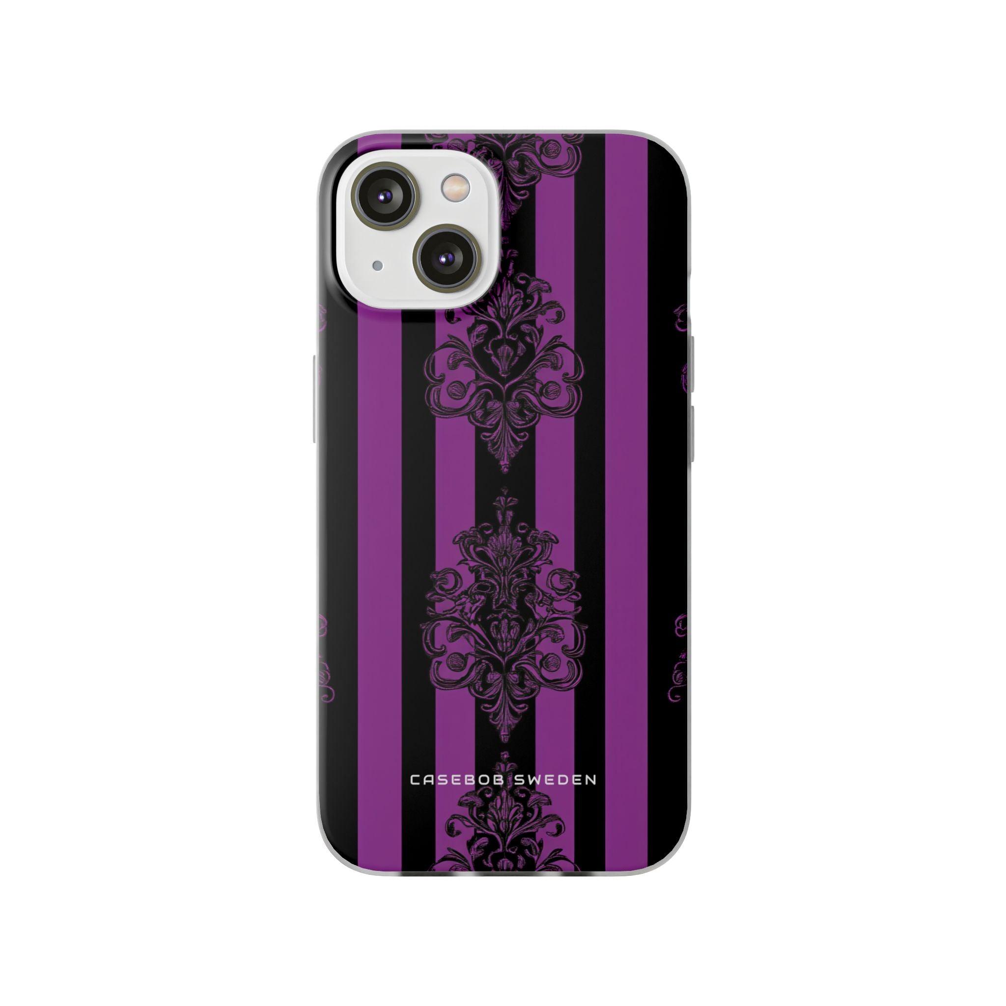 Gotische Eleganz mit vertikalen Streifen und Ornamentmotiven iPhone 14 - Flexi-Handyhülle