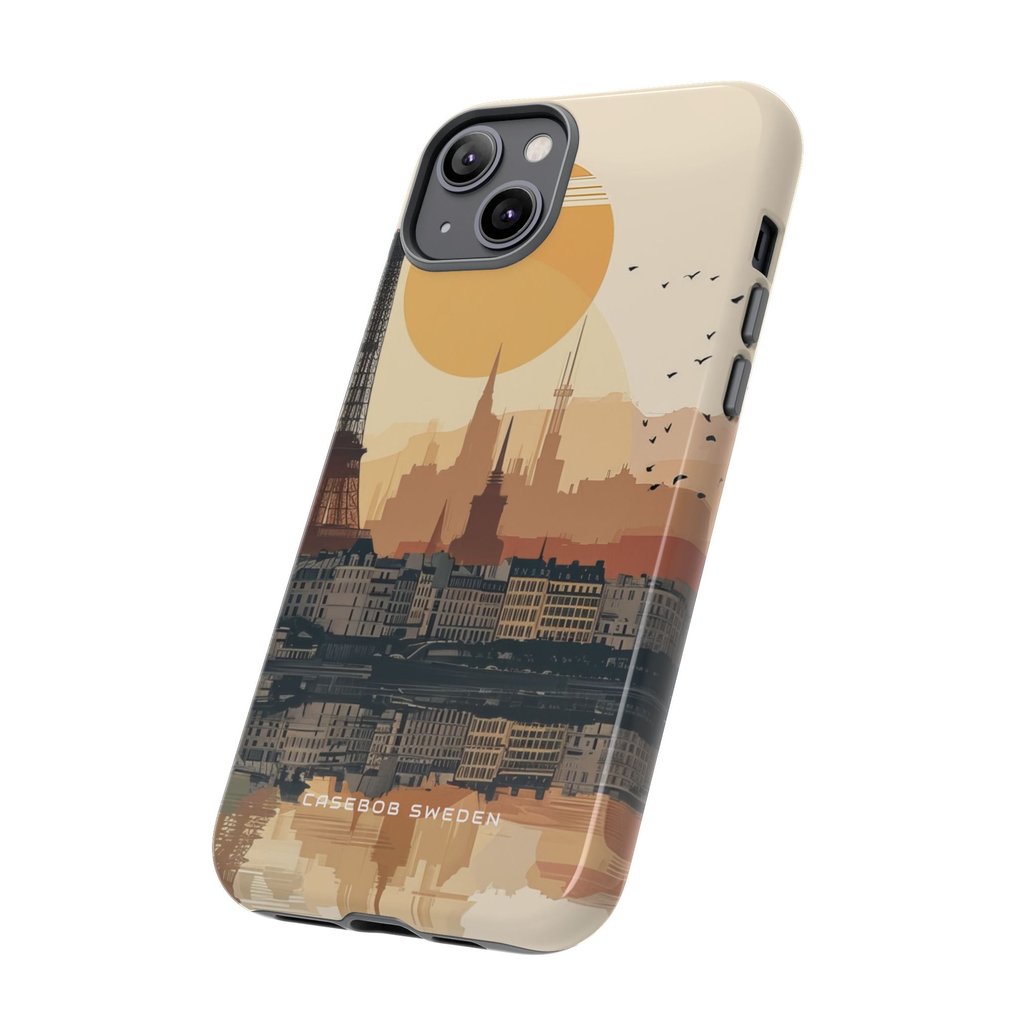 Eiffel Tower Silhouette with Birds and Sun Reflection iPhone 14 - Tough Phone Case