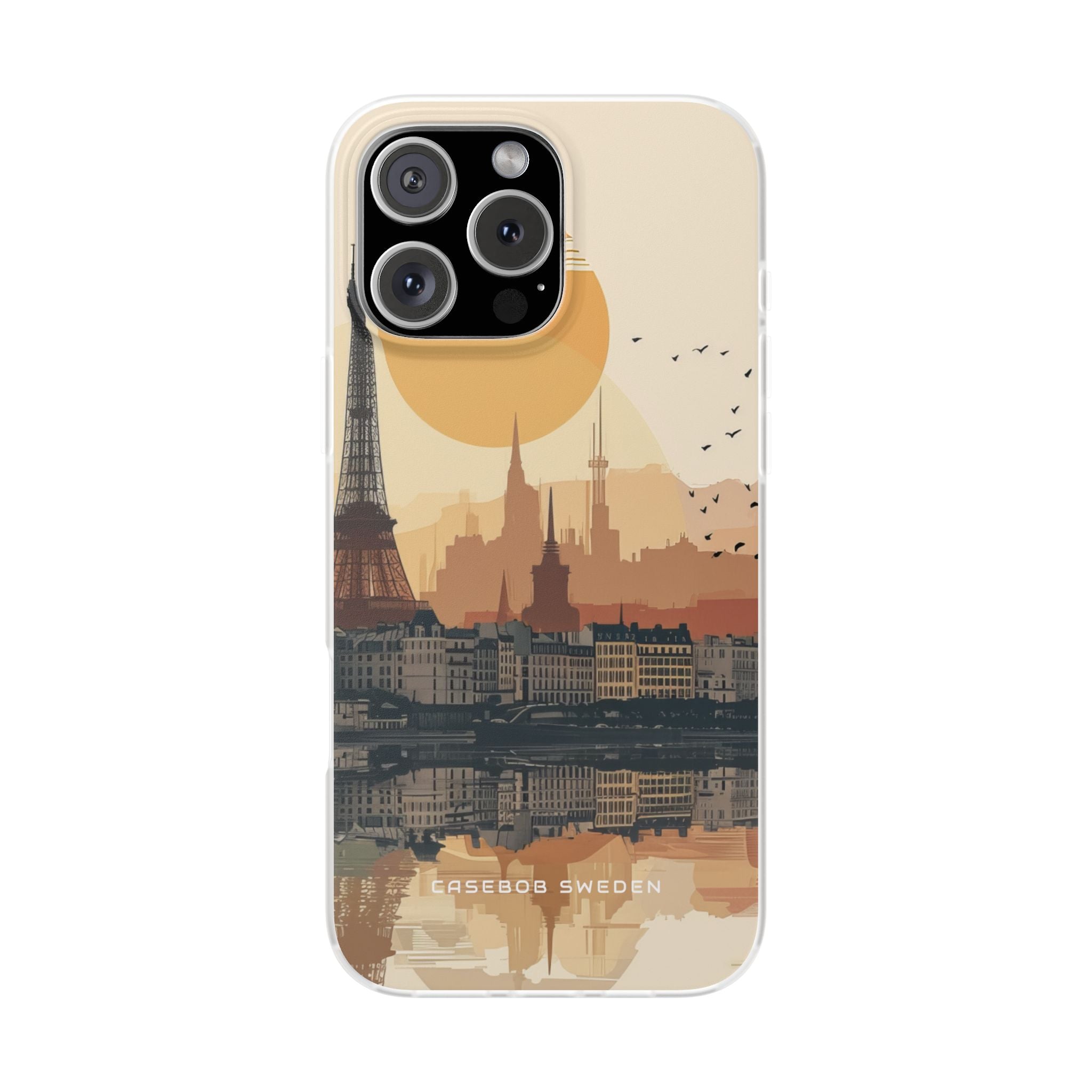 Eiffel Tower Silhouette with Birds and Sun Reflection iPhone 16 - Flexi Phone Case