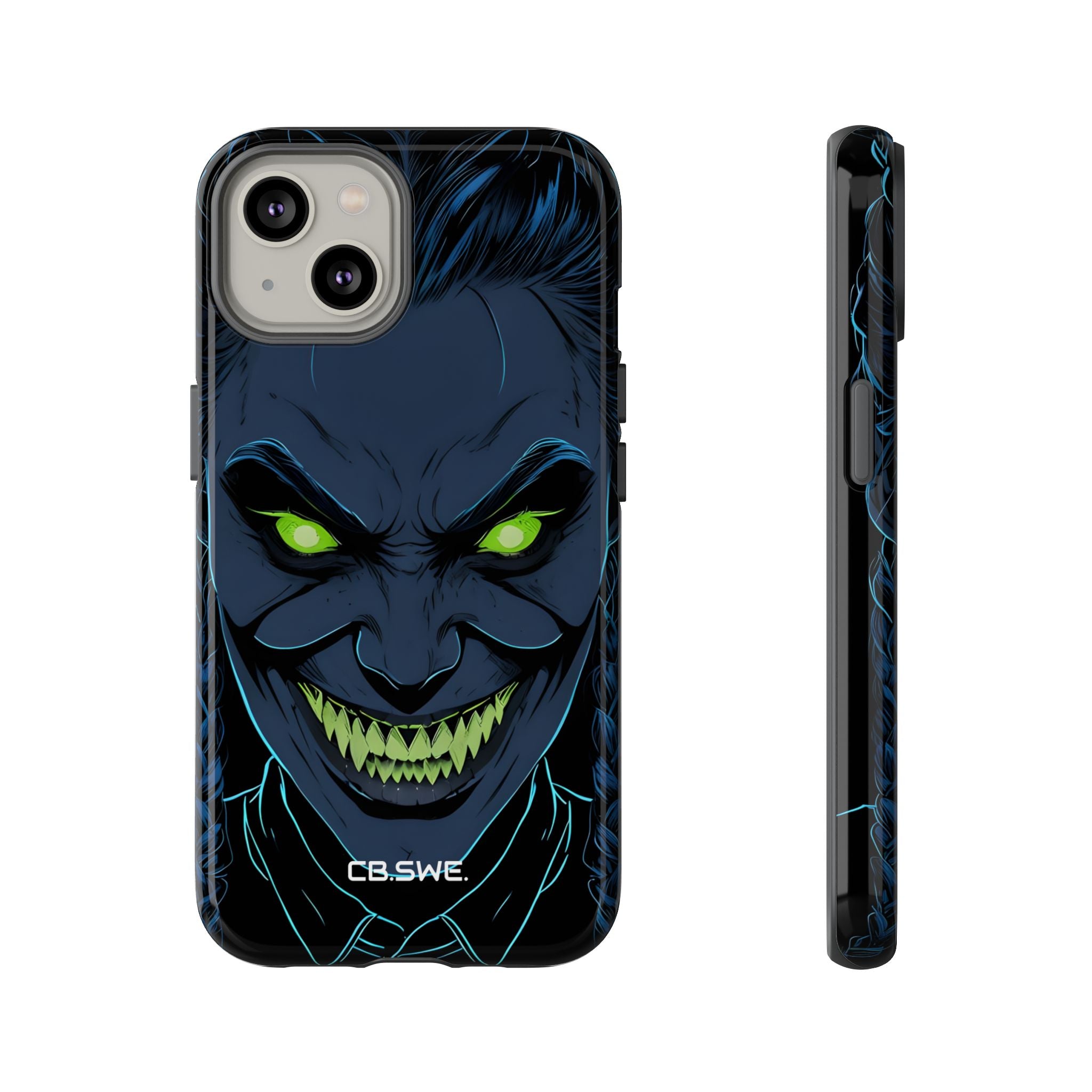 Unheimlicher, unheimlicher Charakter mit neongrünen Augen iPhone 14 – Robust
