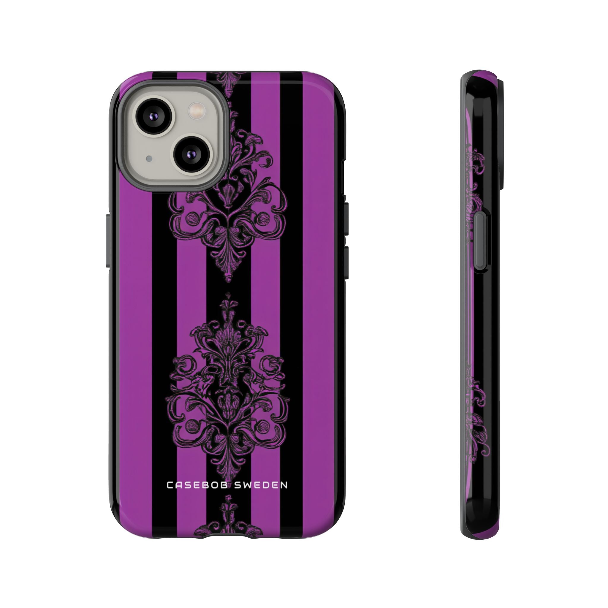 Gotische Eleganz mit vertikalen Streifen und Ornamentmotiven iPhone 14 - Robuste Handyhülle