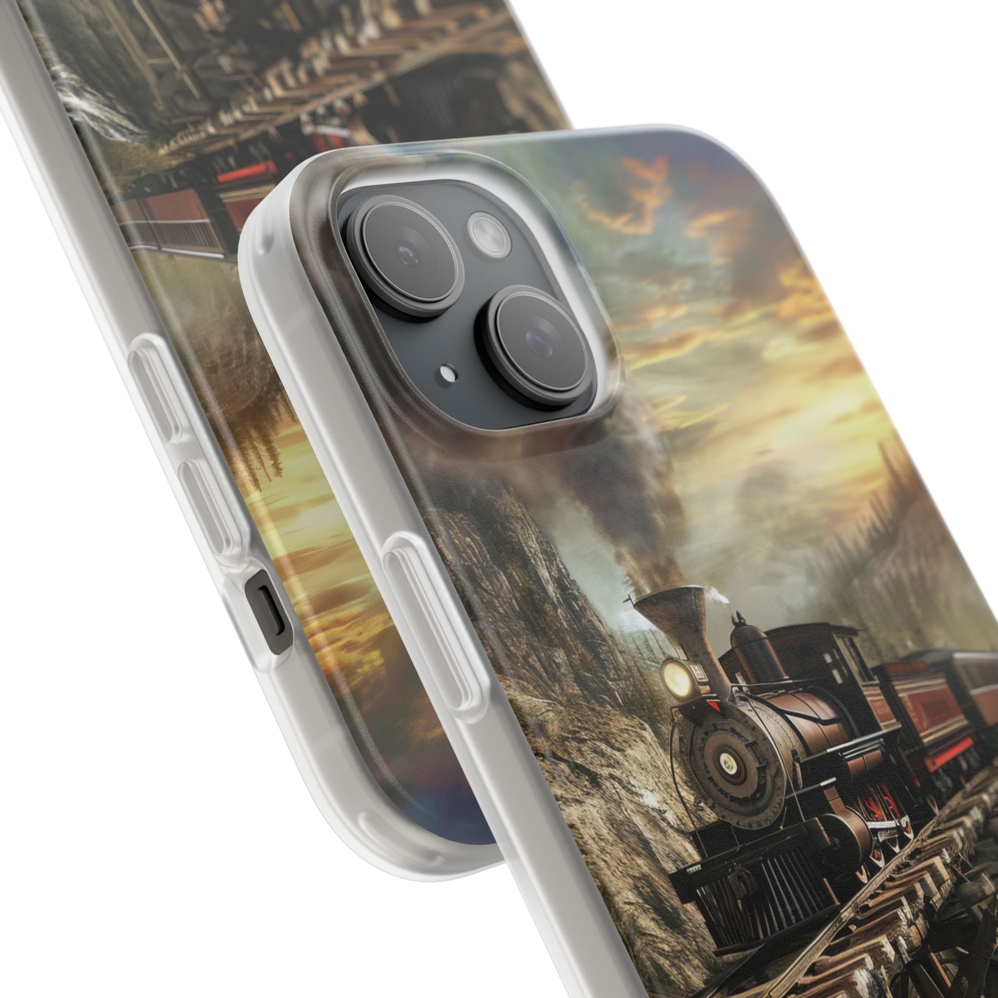 Vintage Steam Train Crossing Mountain Bridge iPhone 15 - Flexi Phone Case