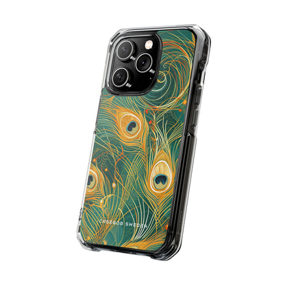 Peacock Elegance in Teal and Gold iPhone 14 - Clear Impact Phone Case