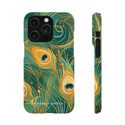 Peacock Elegance in Teal and Gold iPhone 14 - Slim Phone Case