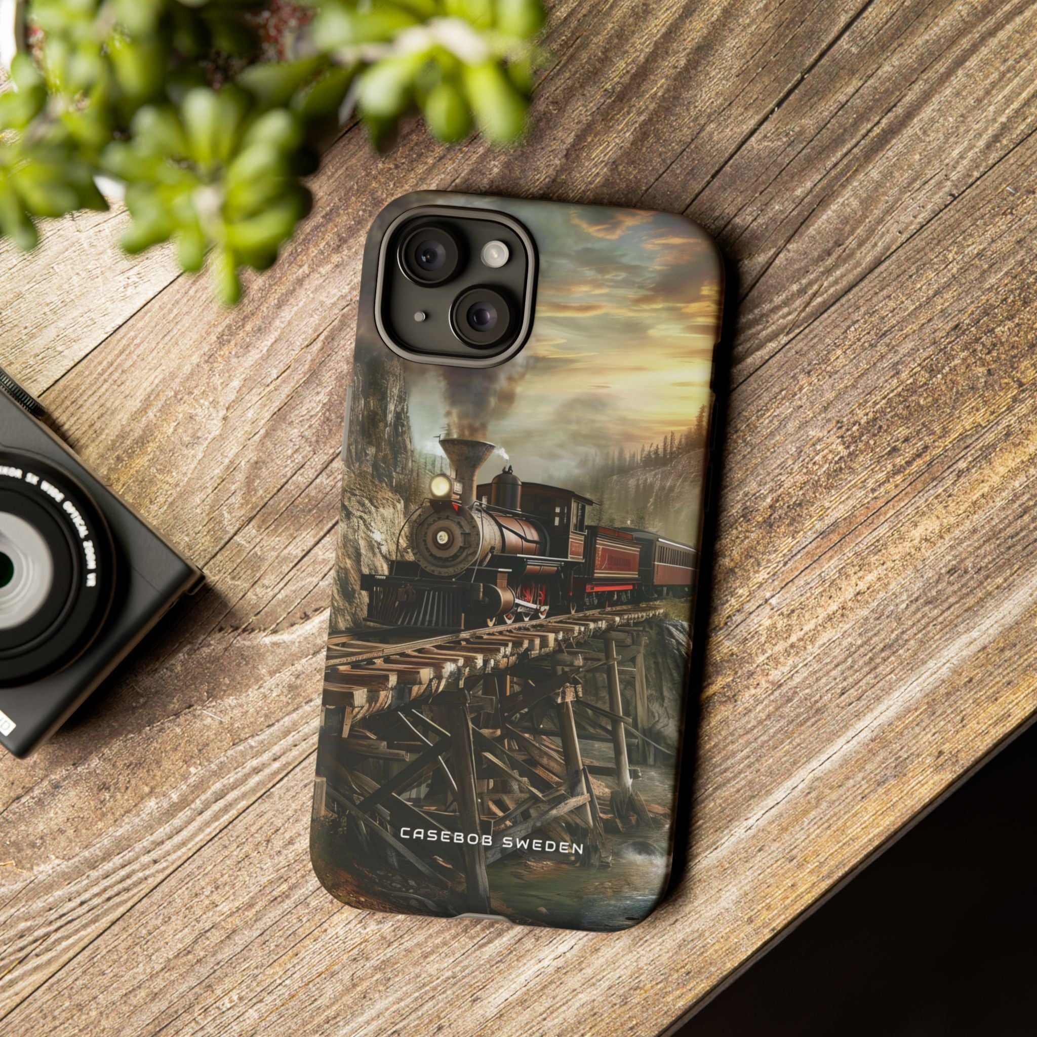 Vintage Steam Train Crossing Mountain Bridge iPhone 15 - Tough Phone Case