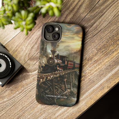 Vintage Steam Train Crossing Mountain Bridge iPhone 15 - Tough Phone Case