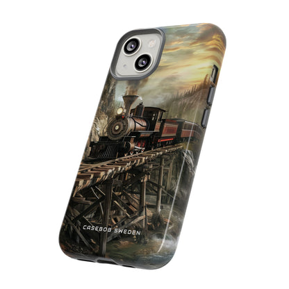 Vintage Steam Train Crossing Mountain Bridge iPhone 14 - Tough Phone Case