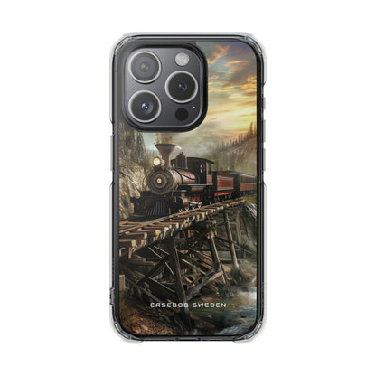 Vintage Steam Train Crossing Mountain Bridge iPhone 15 - Clear Impact Phone Case