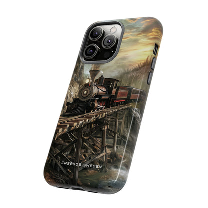 Vintage Steam Train Crossing Mountain Bridge iPhone 14 - Tough Phone Case