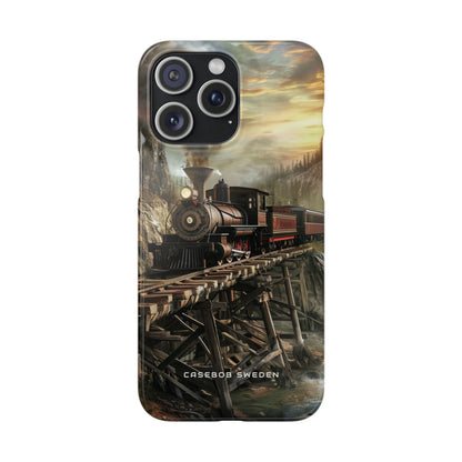 Vintage Steam Train Crossing Mountain Bridge iPhone 15 - Slim Phone Case