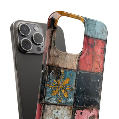 Rustic Red-Yellow Vintage Tiles - Slim iPhone 15 Phone Case