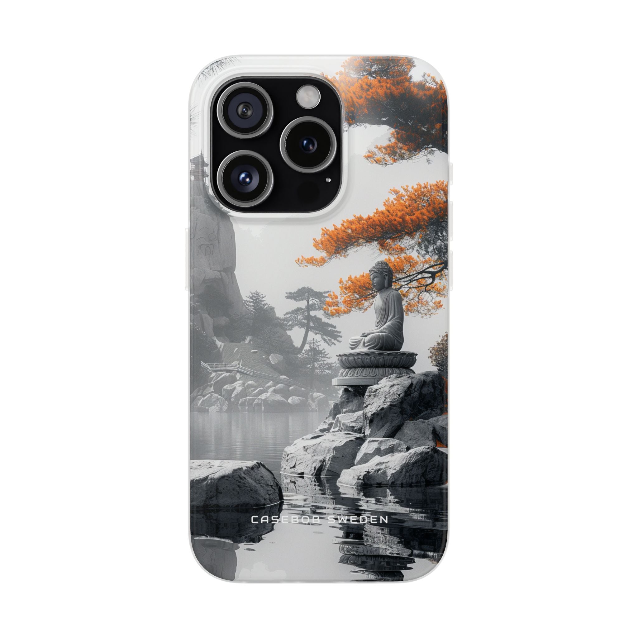 Zen Serenity: Tranquil Landscape with Buddha and Pagoda iPhone 15 - Flexi Phone Case