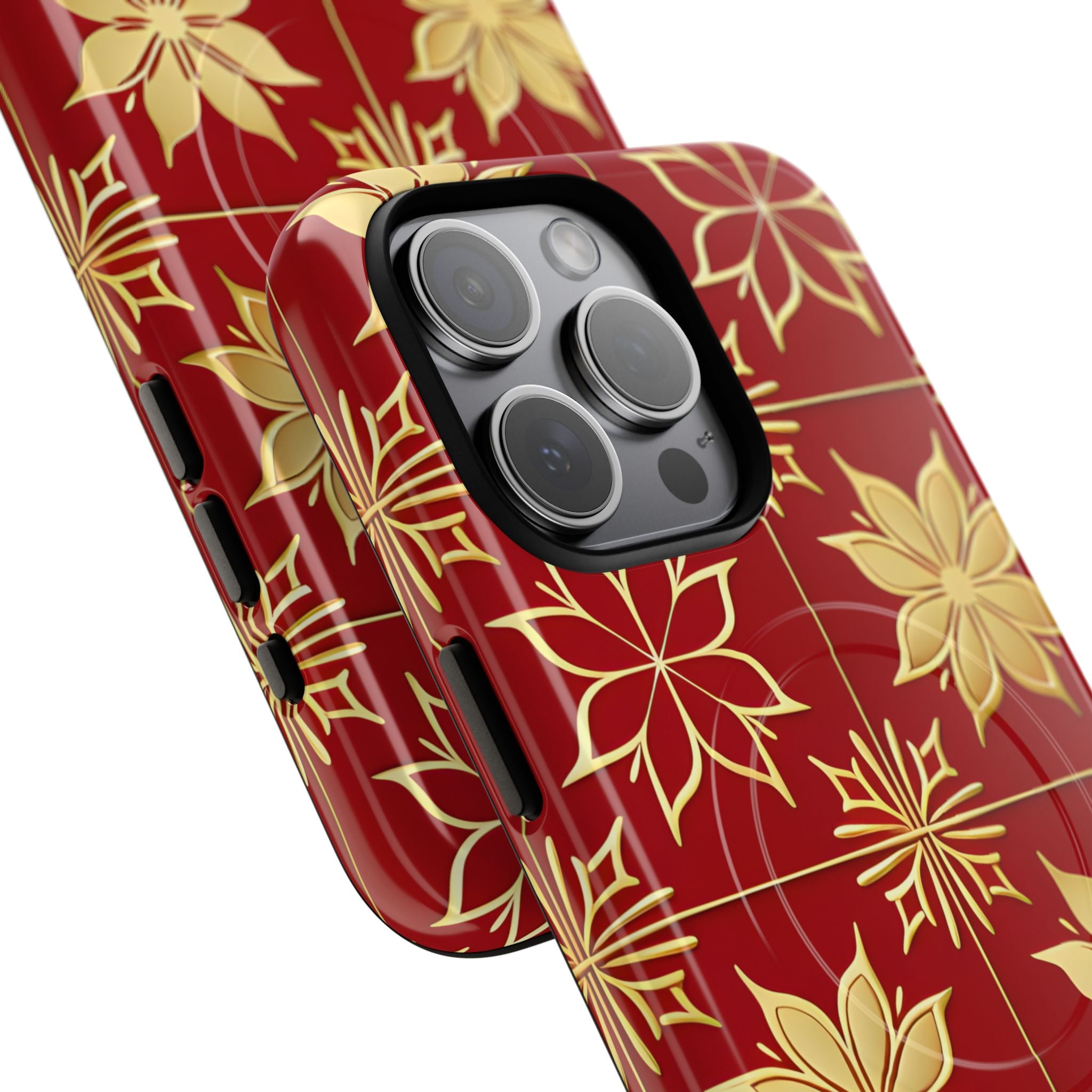 Elegant Gold Floral Seamless Rich Red iPhone 15 - Tough+