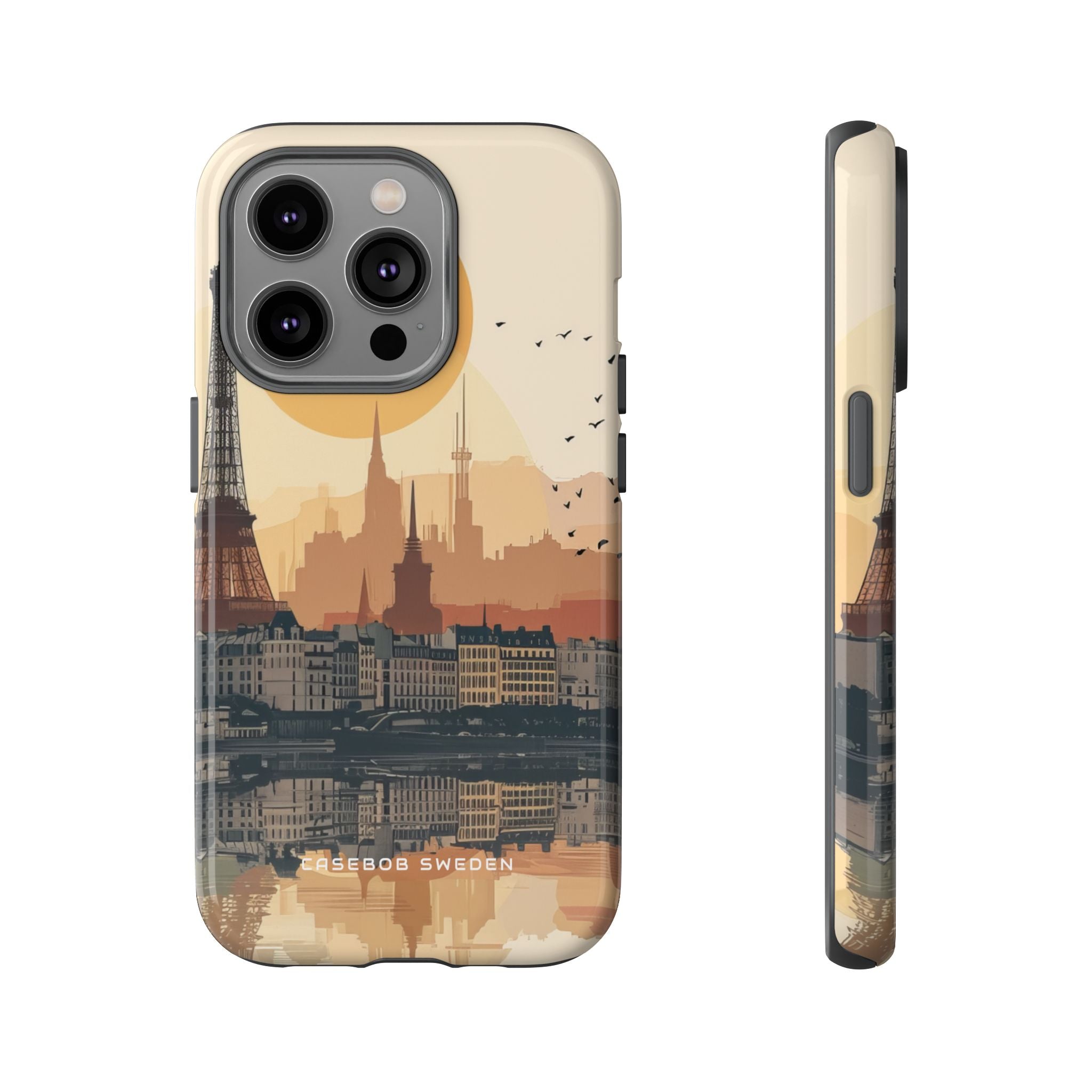 Eiffel Tower Silhouette with Birds and Sun Reflection iPhone 14 - Tough Phone Case