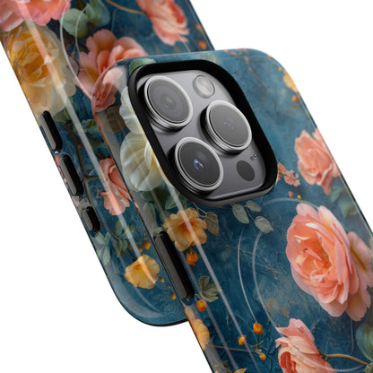 Blue Floral Elegance - Tough + MagSafe® iPhone 15 Phone Case