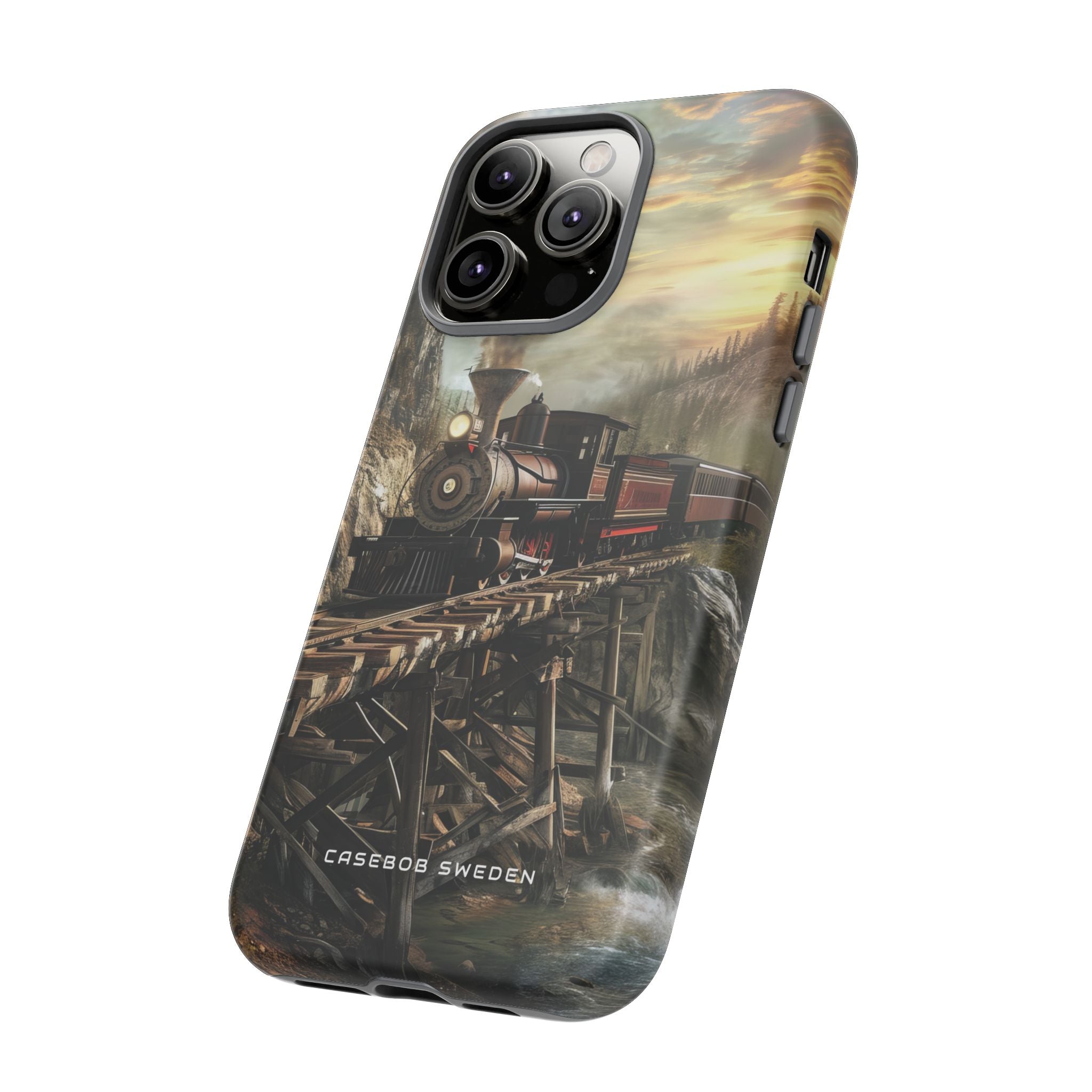 Vintage Steam Train Crossing Mountain Bridge iPhone 14 - Tough Phone Case