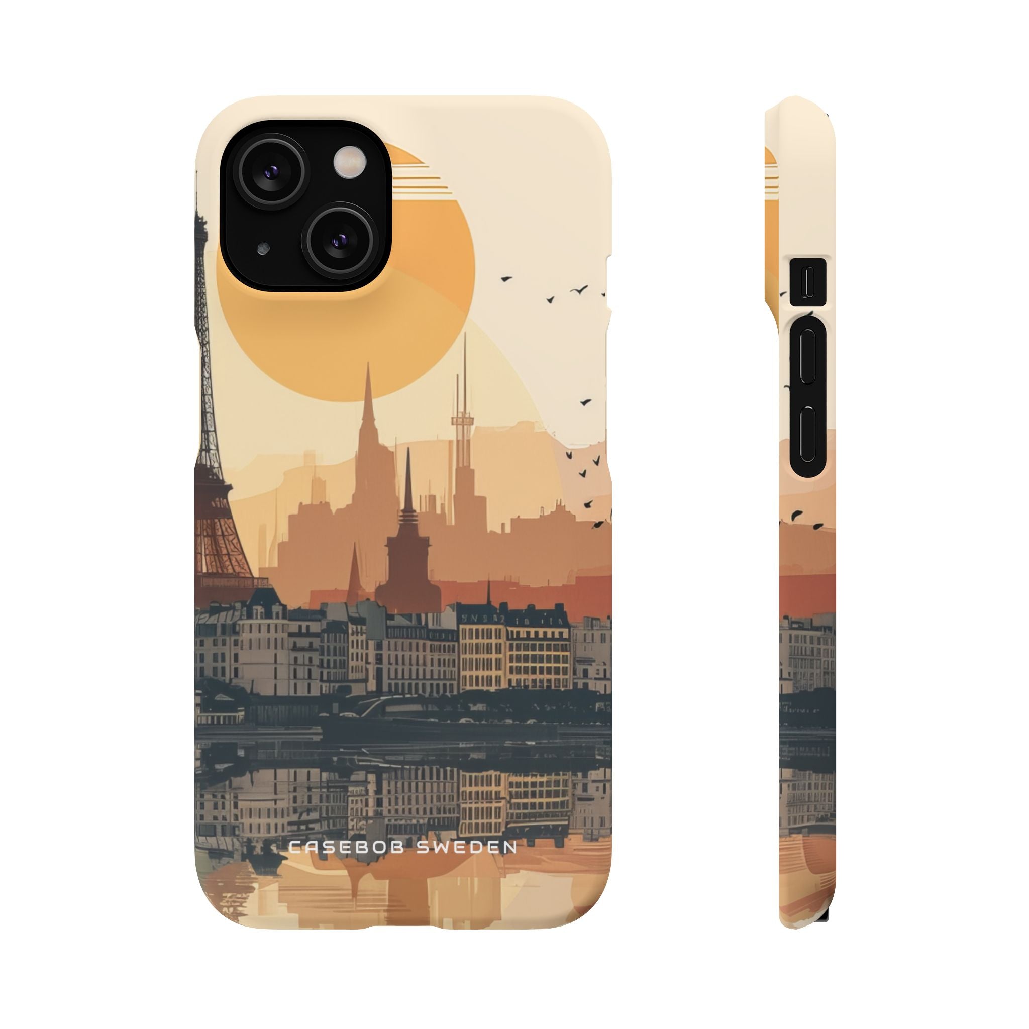 Eiffel Tower Silhouette with Birds and Sun Reflection iPhone 14 - Slim Phone Case