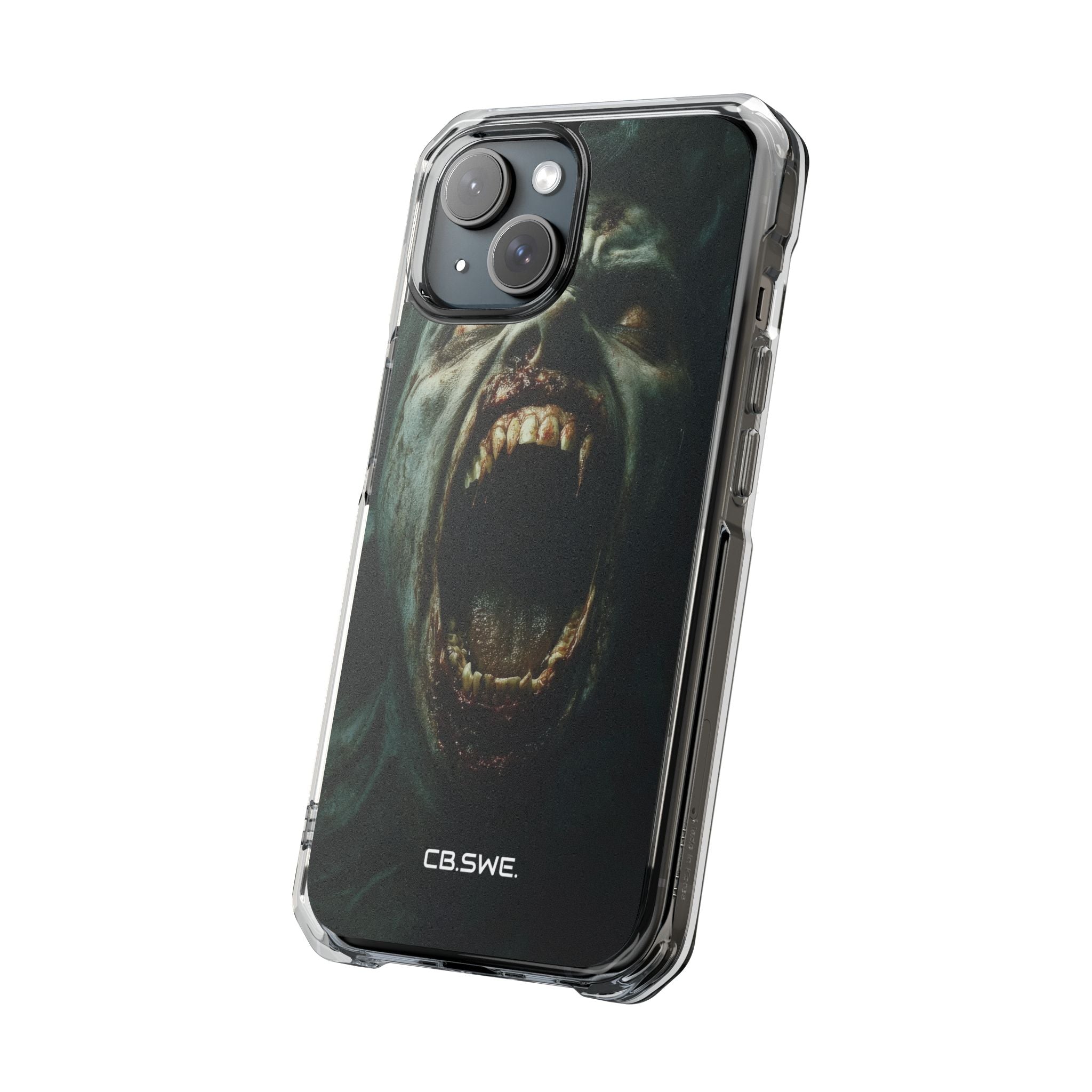 Ein Zombie mit scharfen Zähnen und offenem Mund, der Vampir zeigt. iPhone 15 – Impact Clear+