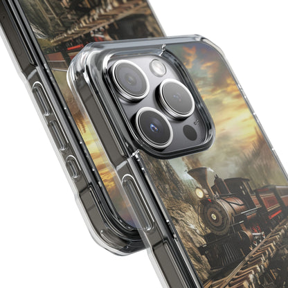 Vintage Steam Train Crossing Mountain Bridge iPhone 15 - Clear Impact Phone Case