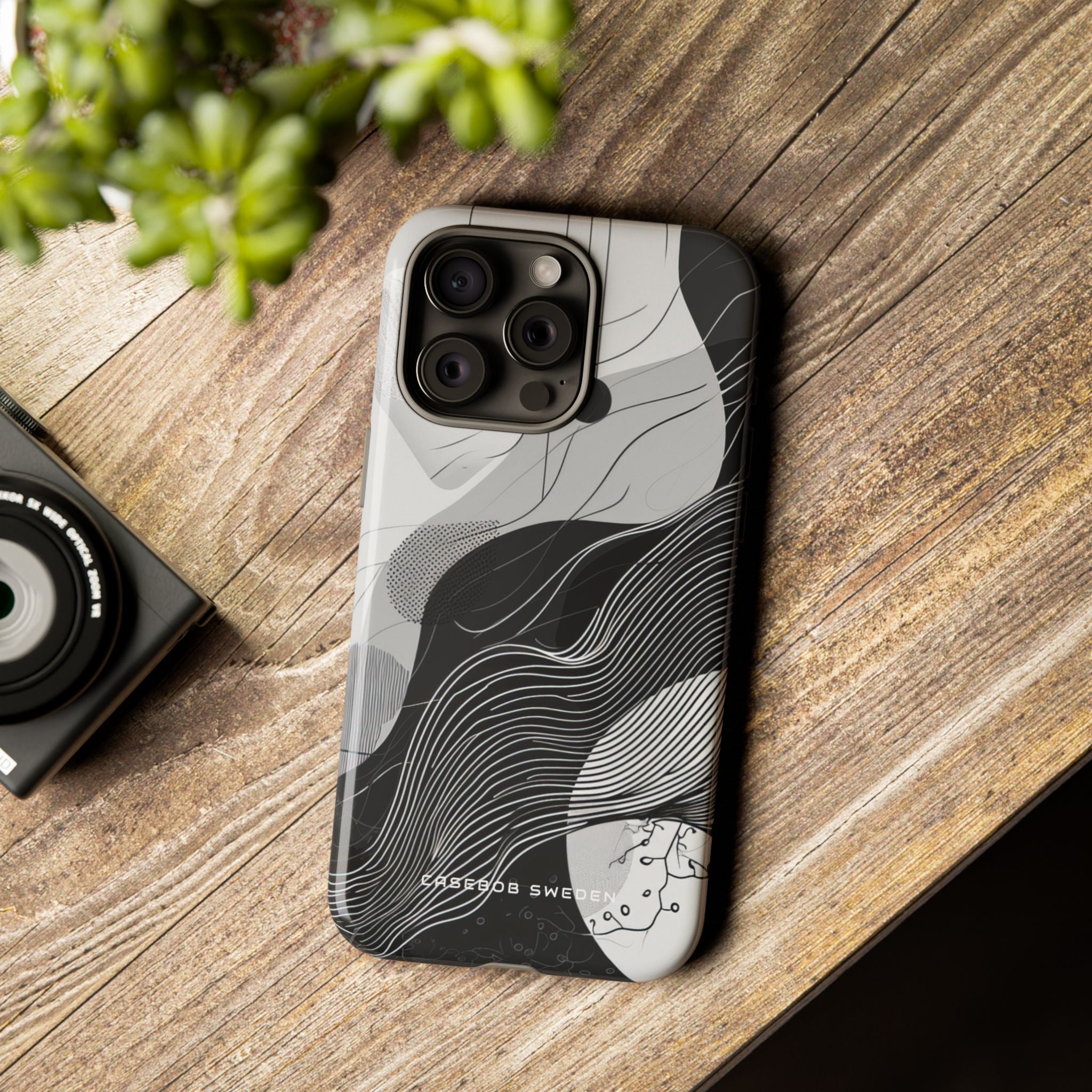 Fluid Rhythms: Monochrome Line Flow iPhone 15 - Tough Phone Case