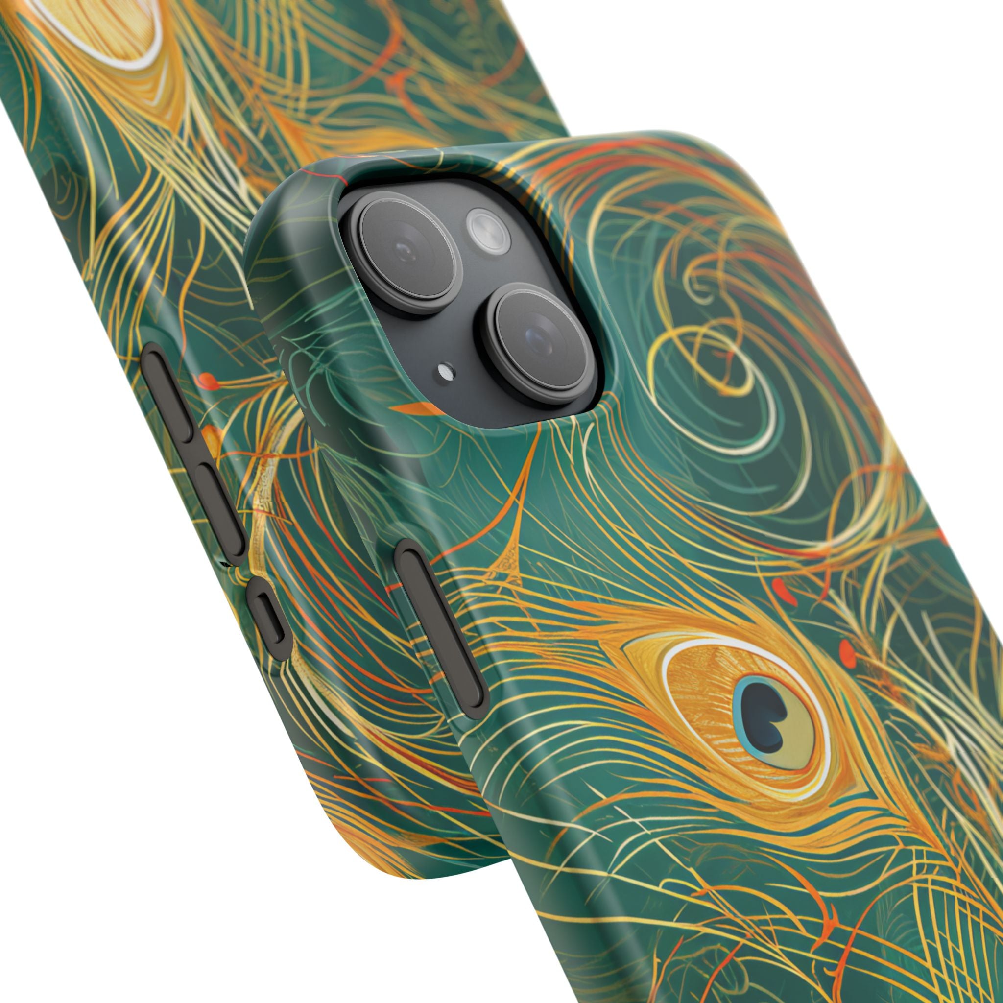 Peacock Elegance in Teal and Gold iPhone 15 - Slim Phone Case