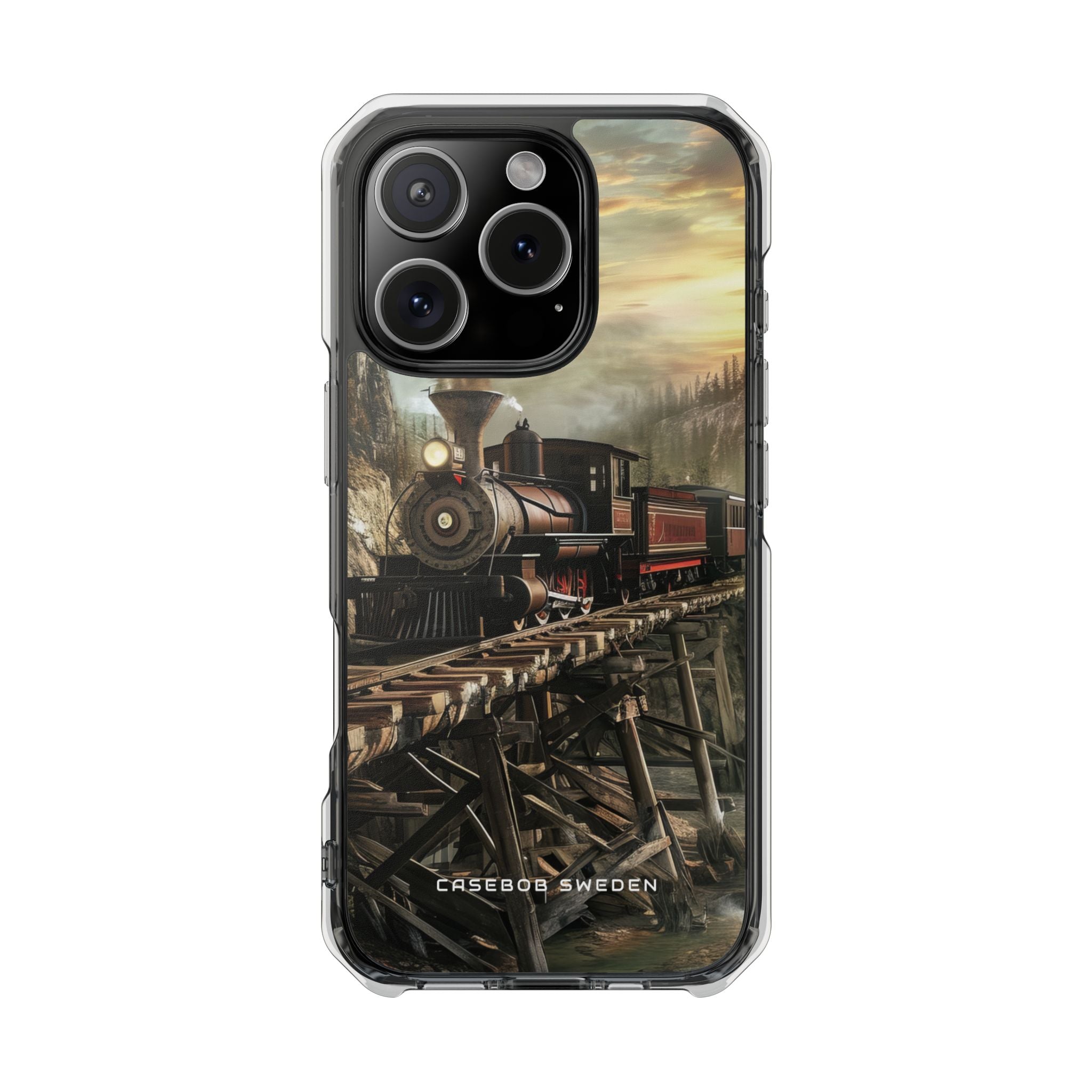 Vintage Steam Train Crossing Mountain Bridge iPhone 16 - Clear Impact Phone Case