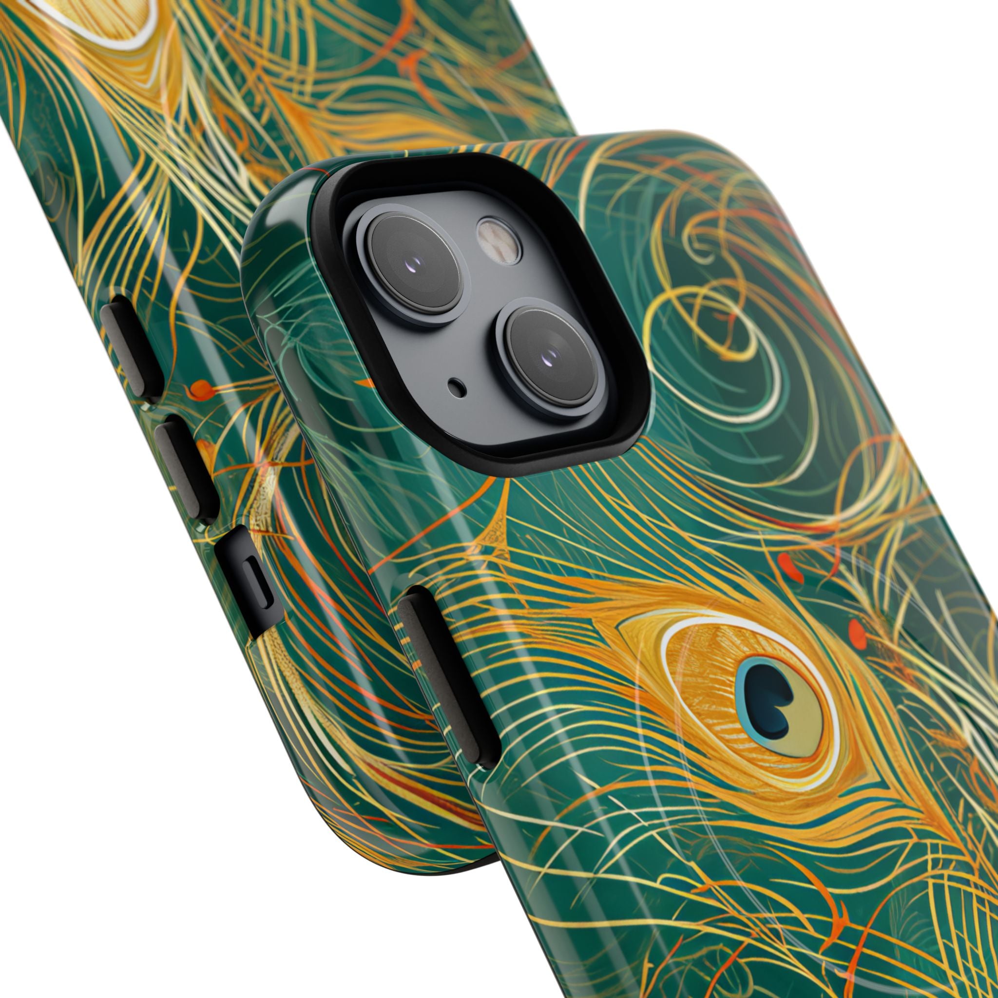 Peacock Elegance in Teal and Gold iPhone 14 | Tough+ Phone Case