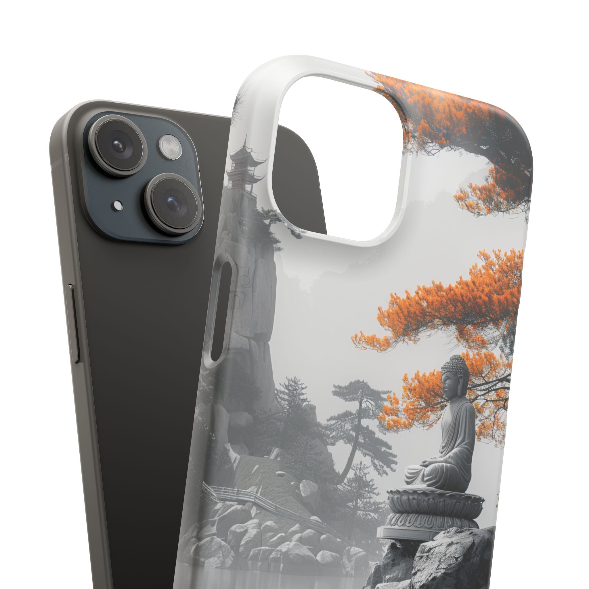 Zen Serenity: Tranquil Landscape with Buddha and Pagoda iPhone 15 - Slim Phone Case