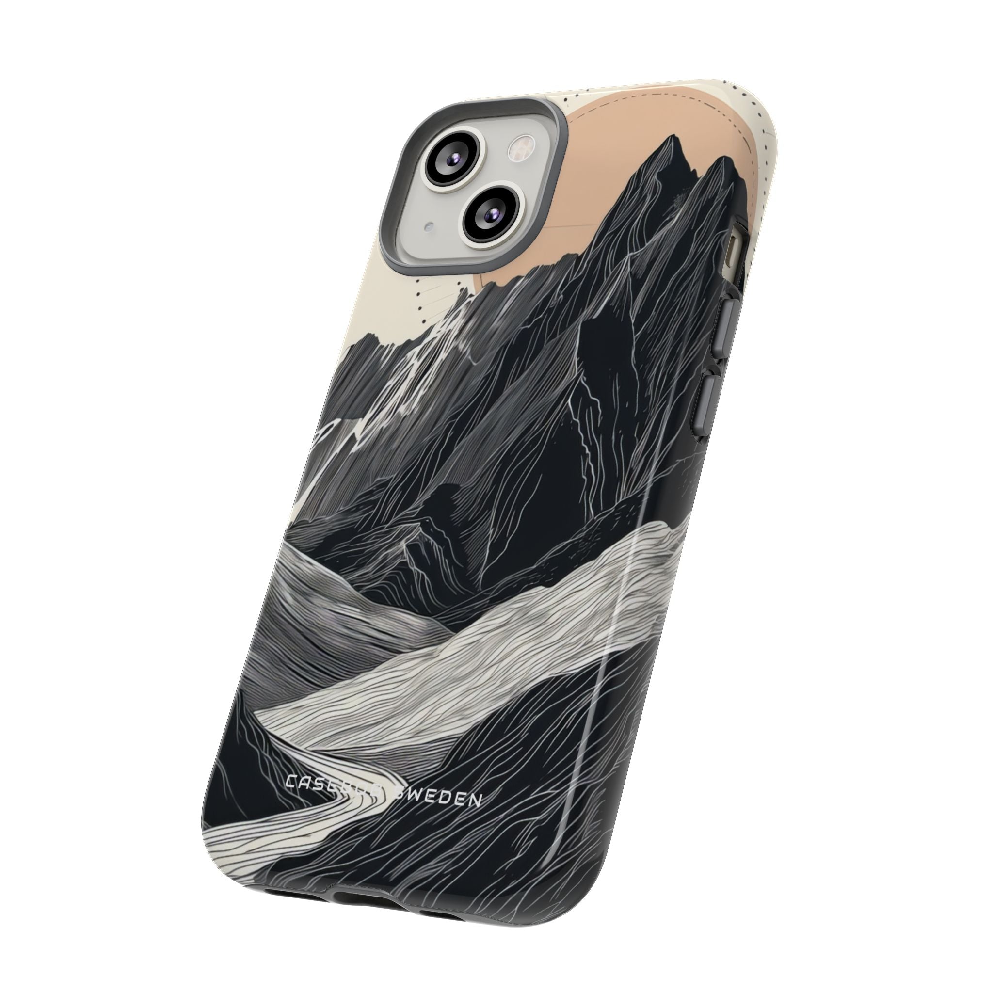 Minimalist Mountain Landscape with Flowing River iPhone 14 - Tough Phone Case