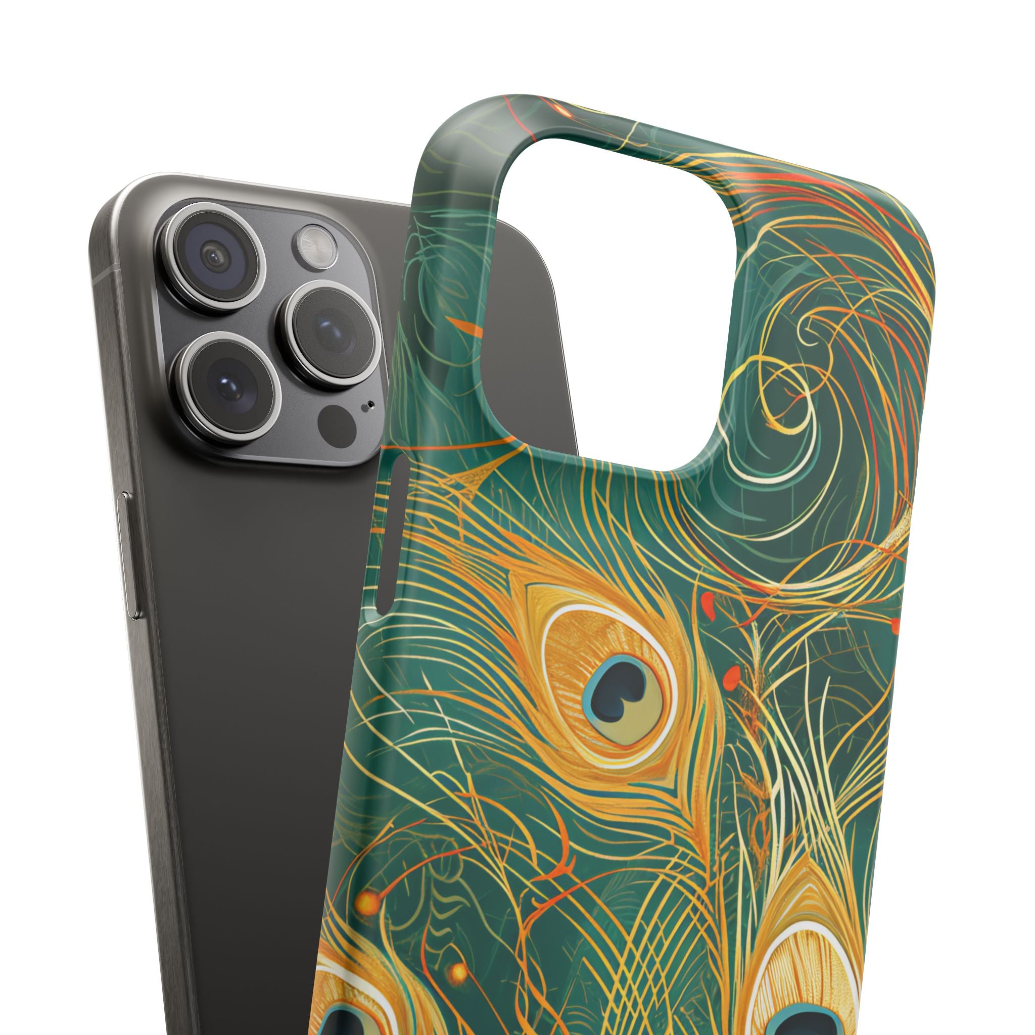 Peacock Elegance in Teal and Gold iPhone 15 - Slim Phone Case